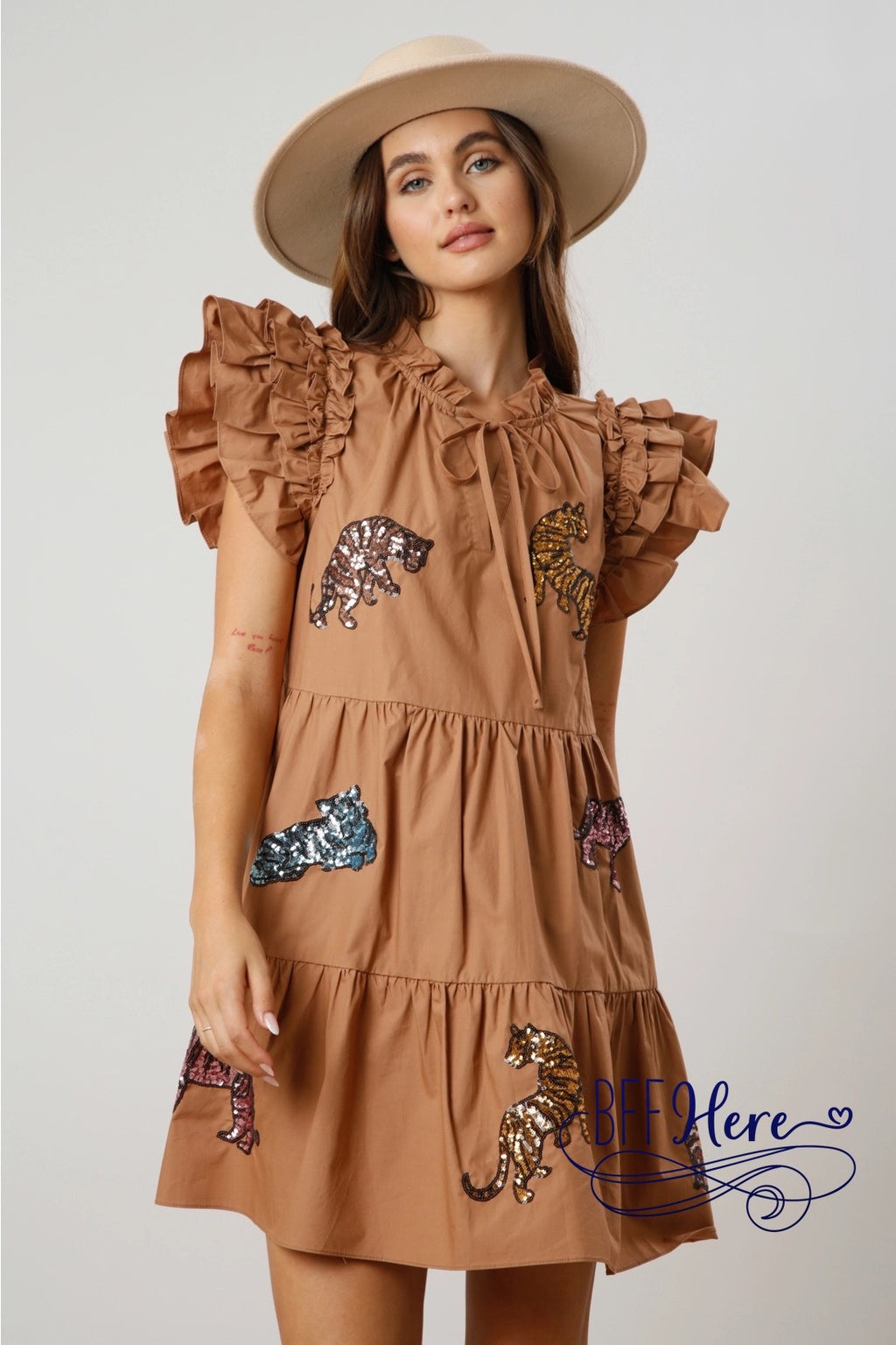 Glittering Jungle: Sequin Tiger Tiered Mini Dress / Choice of Color - BFF Here