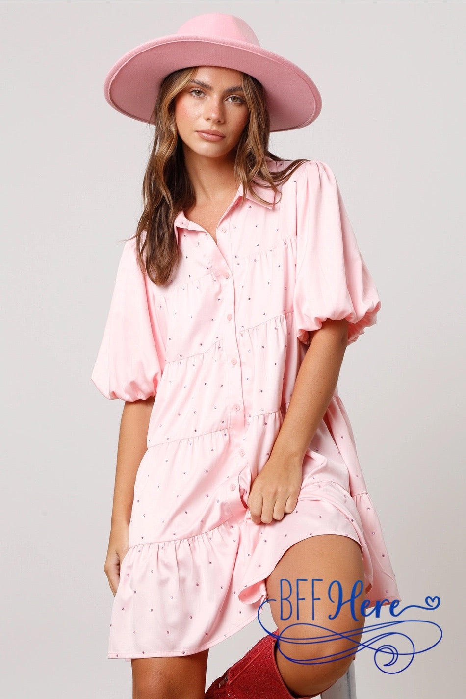 PREORDER: Pink Perfection: Rhinestone Embellished Satin Shirt Dress (Ships End of January) - BFF Here