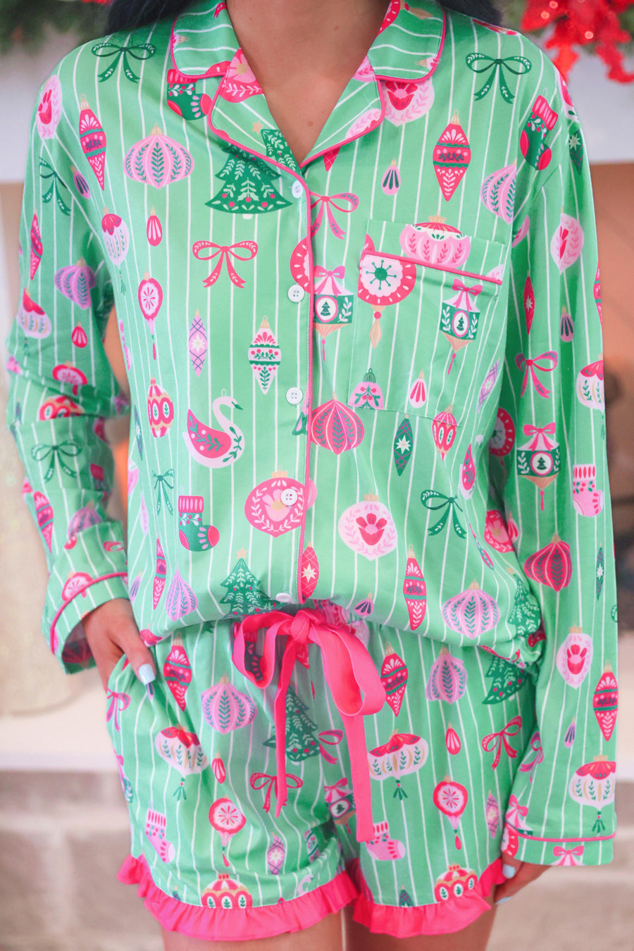 PREORDER: Decked in Ornaments Ruffle Pajama Set by Jess Lea (ETA September)