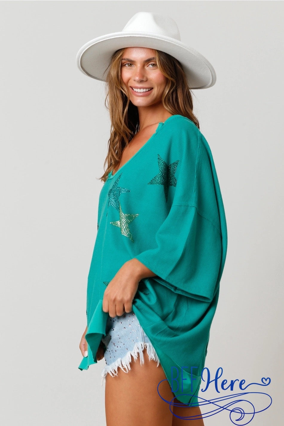 Starry Sparkle: Rhinestone Stars Deep U-Neck Pullover - BFF Here