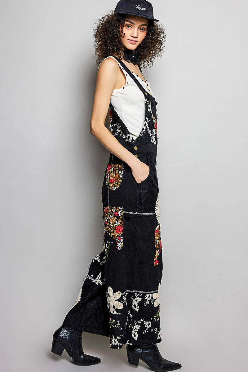 Floral Patch Stitch Detail Wide Leg Woven Overalls by POL (Ships 2-3 weeks) - BFF Here