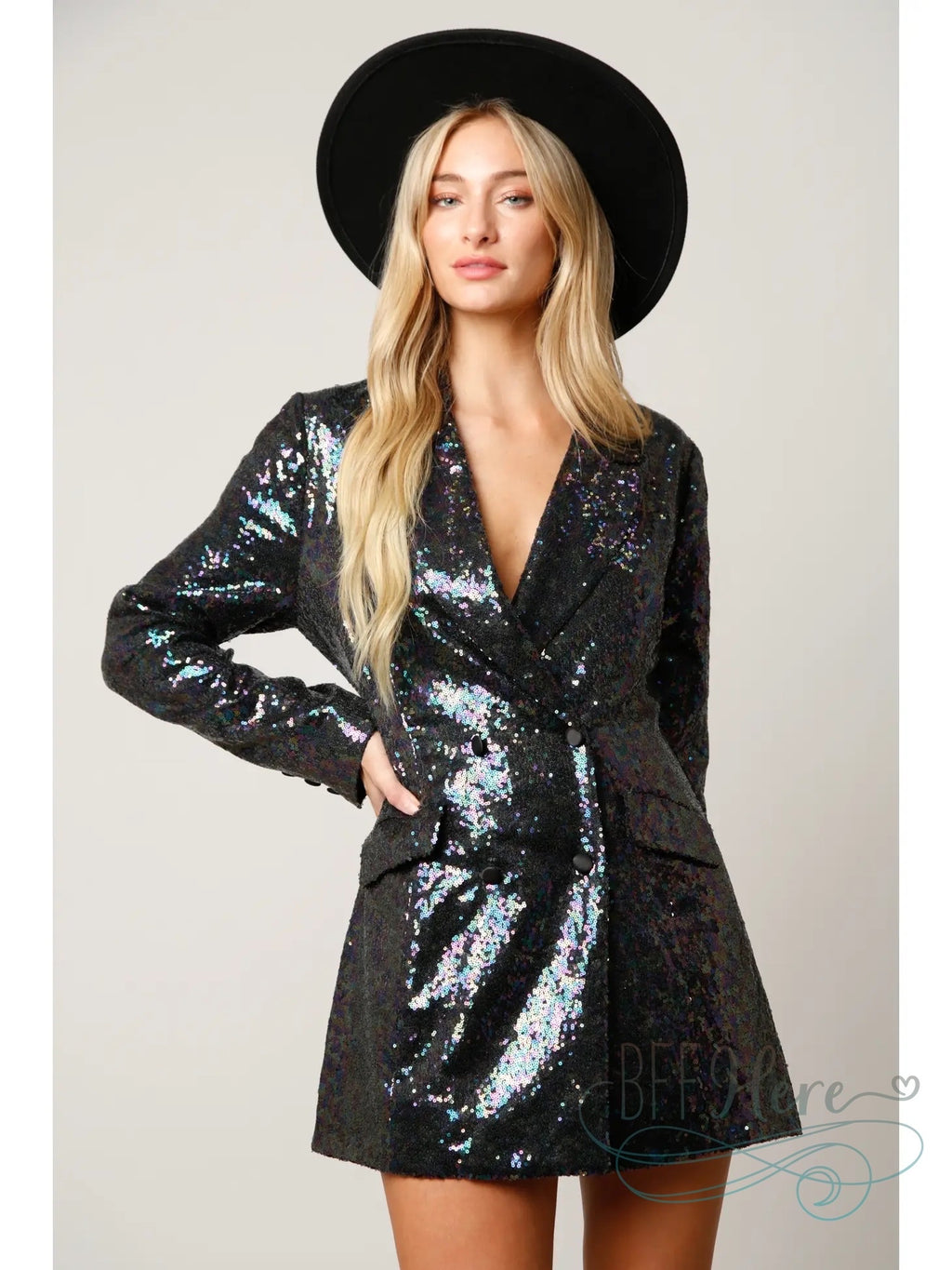 Dazzling Elegance: Sequin-Encrusted Double-Breasted Blazer Dress / Choice of Color - BFF Here
