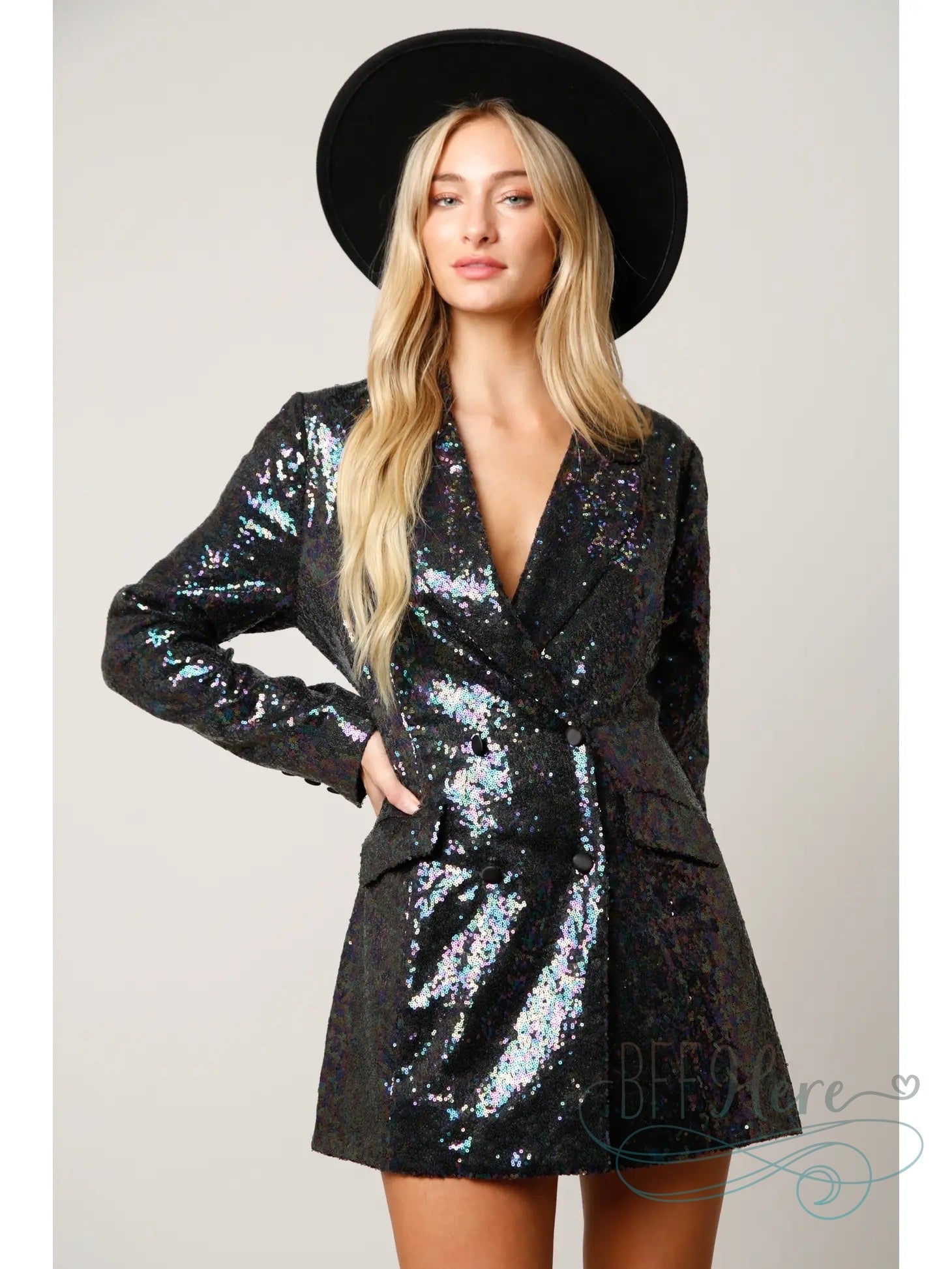 Dazzling Elegance: Sequin-Encrusted Double-Breasted Blazer Dress / Choice of Color - BFF Here