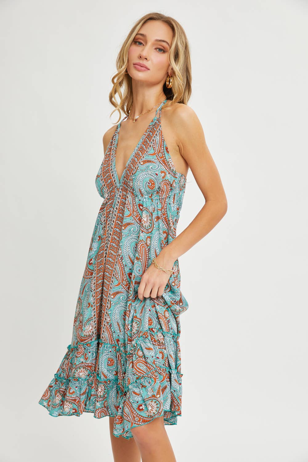 Paisley Paradise Halter Neck Ruffle Dress - BFF Here