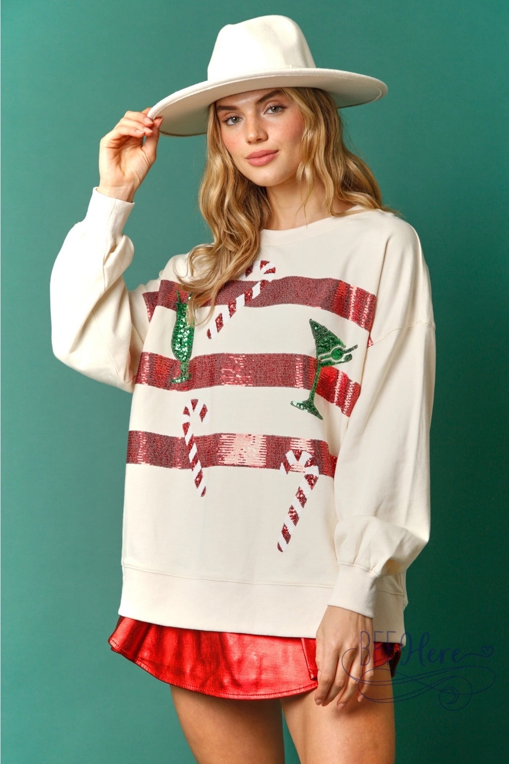 Sips & Stripes: Candy Cane and Holiday Drink Sequin Sweatshirt (Cream Ships Beginning Of November) - BFF Here