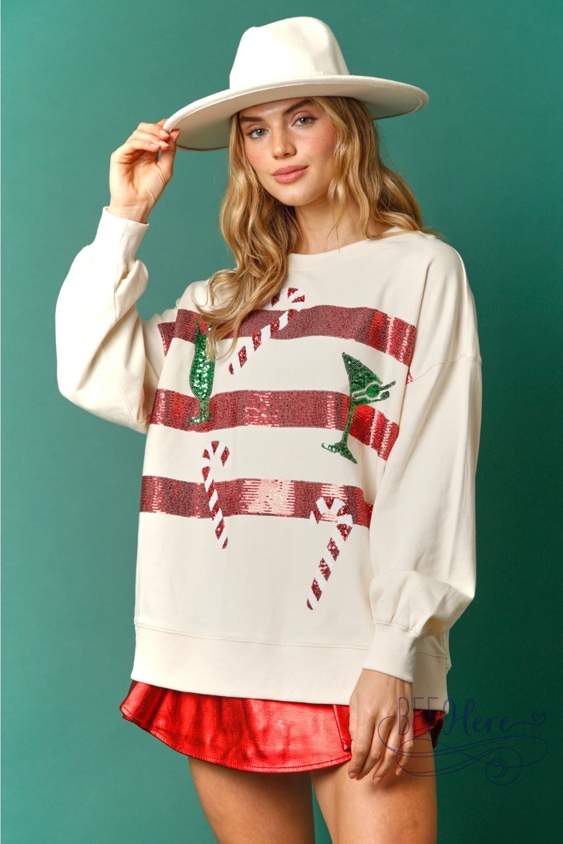 Sips & Stripes: Candy Cane and Holiday Drink Sequin Sweatshirt (Cream Ships Beginning Of November) - BFF Here
