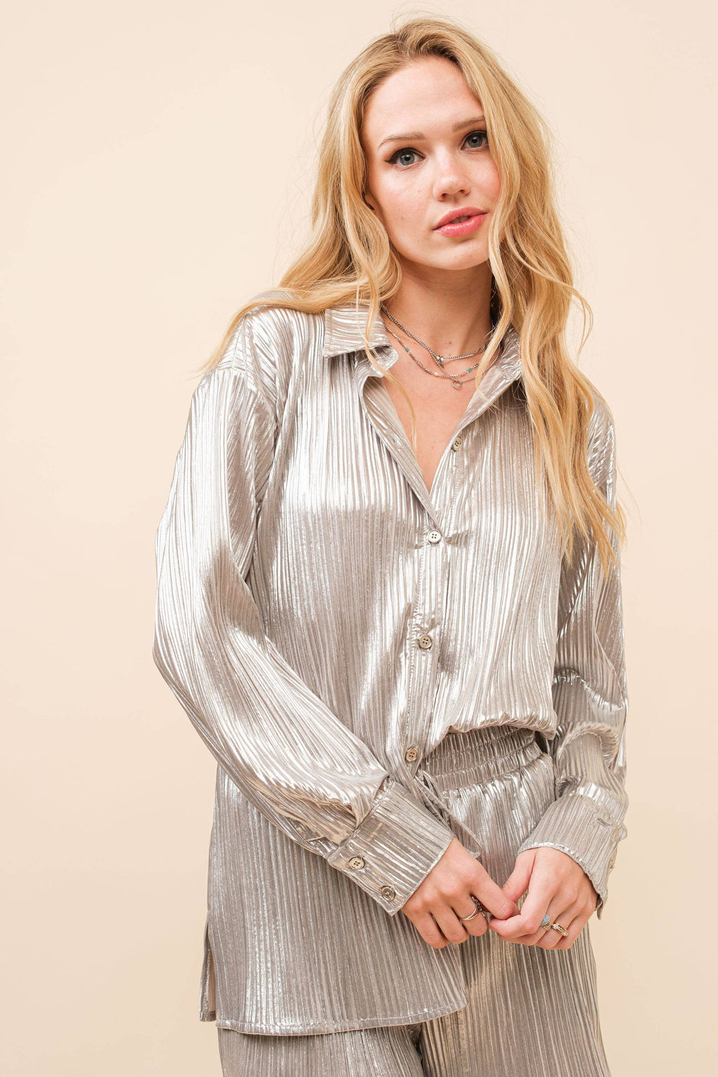 Silver Glamour Metallic Pleated Set - BFF Here