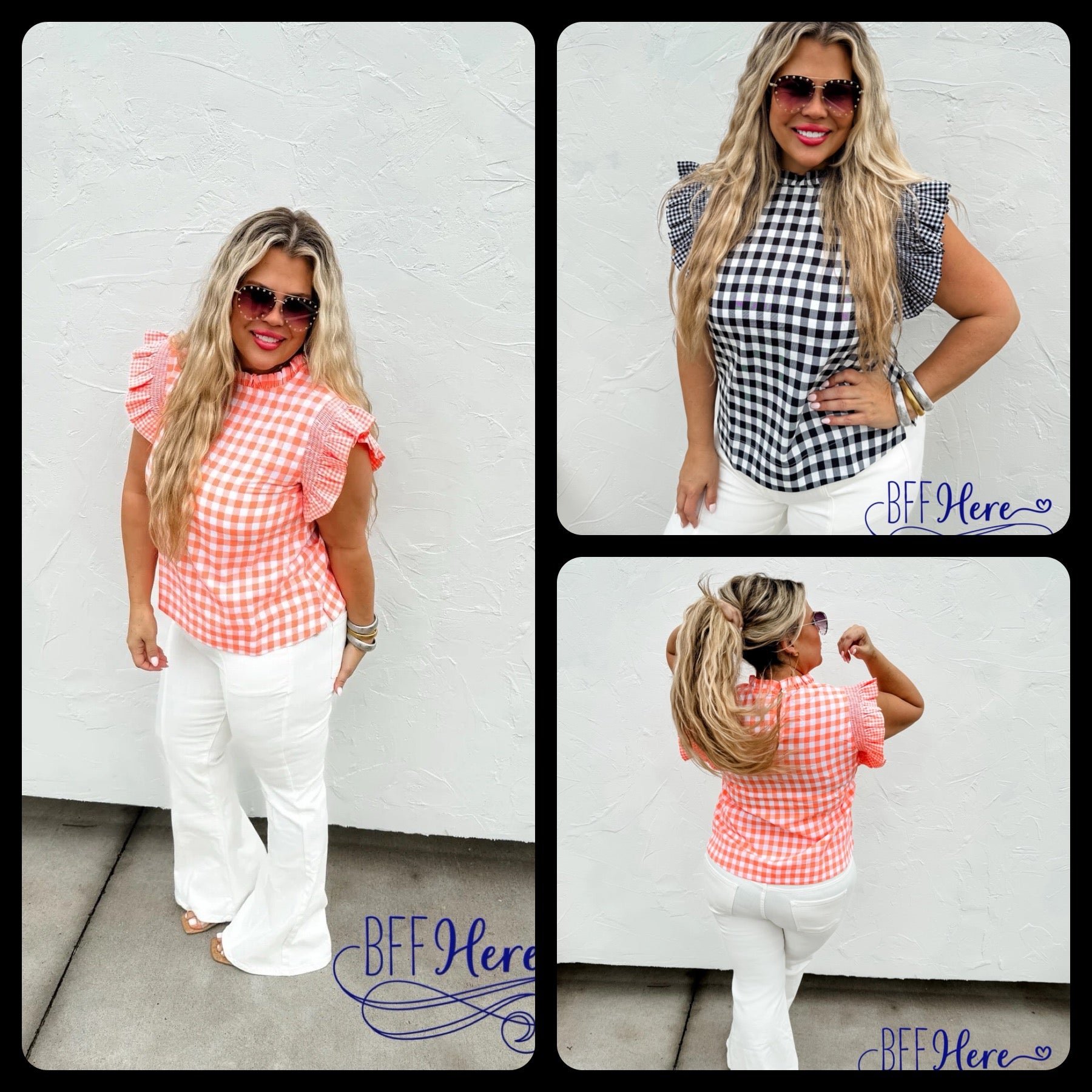 Gingham Glam: Ruffle-Adorned Elegance Top - BFF Here