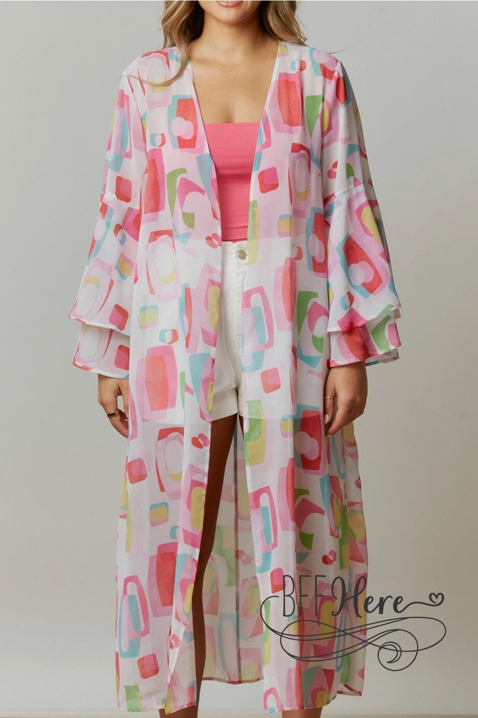 Colorblock Cascade: Multicolor Abstract Squares Kimono - BFF Here