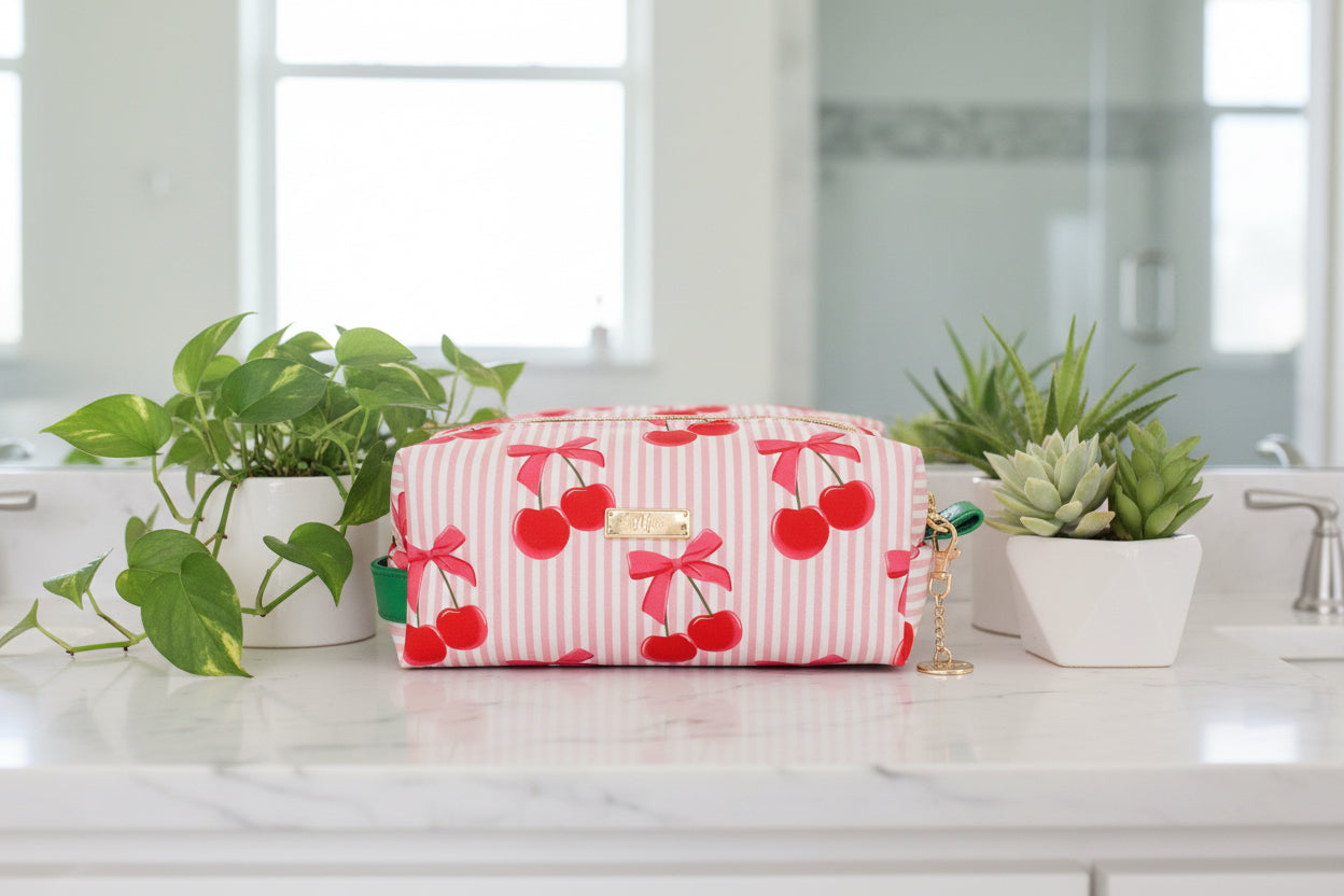 Red Pinstriped Cherry by Makeup Junkie Bags /  The Bobbie Bag - BFF Here