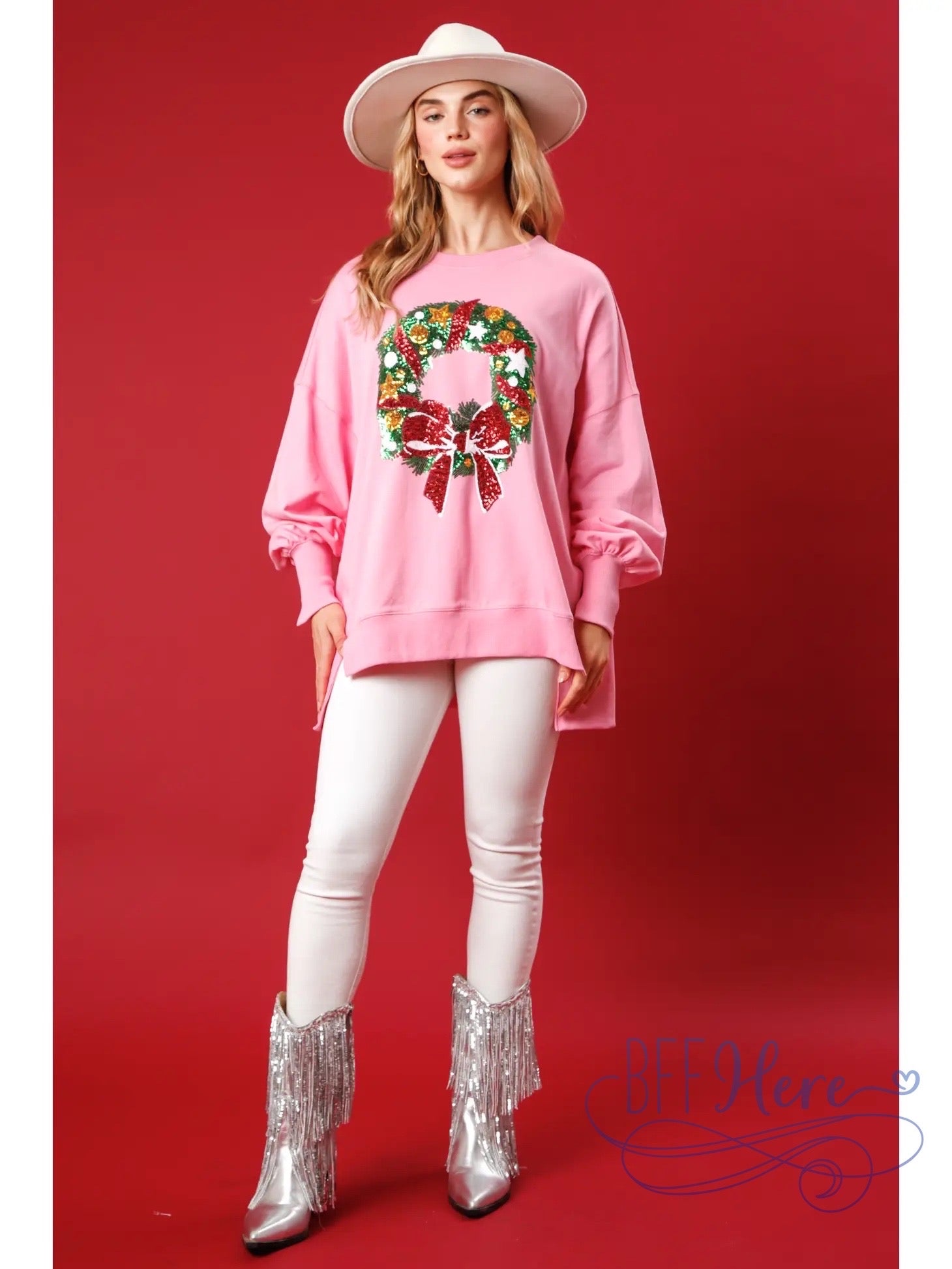 Festive Sparkle Sequin Christmas Wreath Sweatshirt / Choice of Color (Pink Ships Beginning of November) - BFF Here