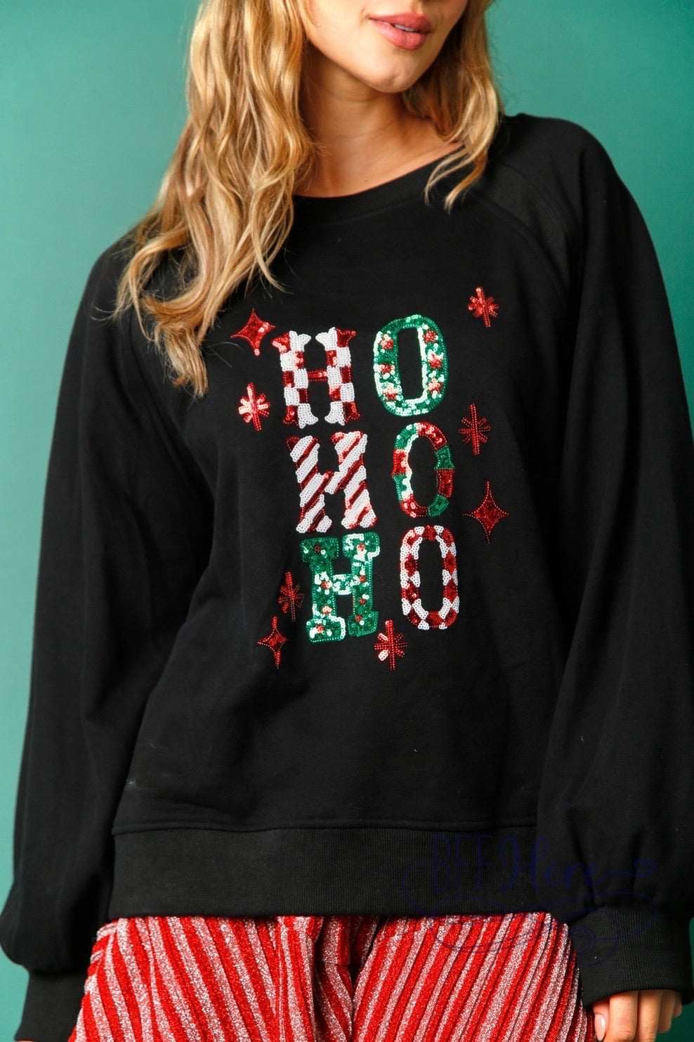 Jolly & Dazzling: Sequin 'Ho Ho Ho' Christmas Sweatshirt / Choice of Color - BFF Here