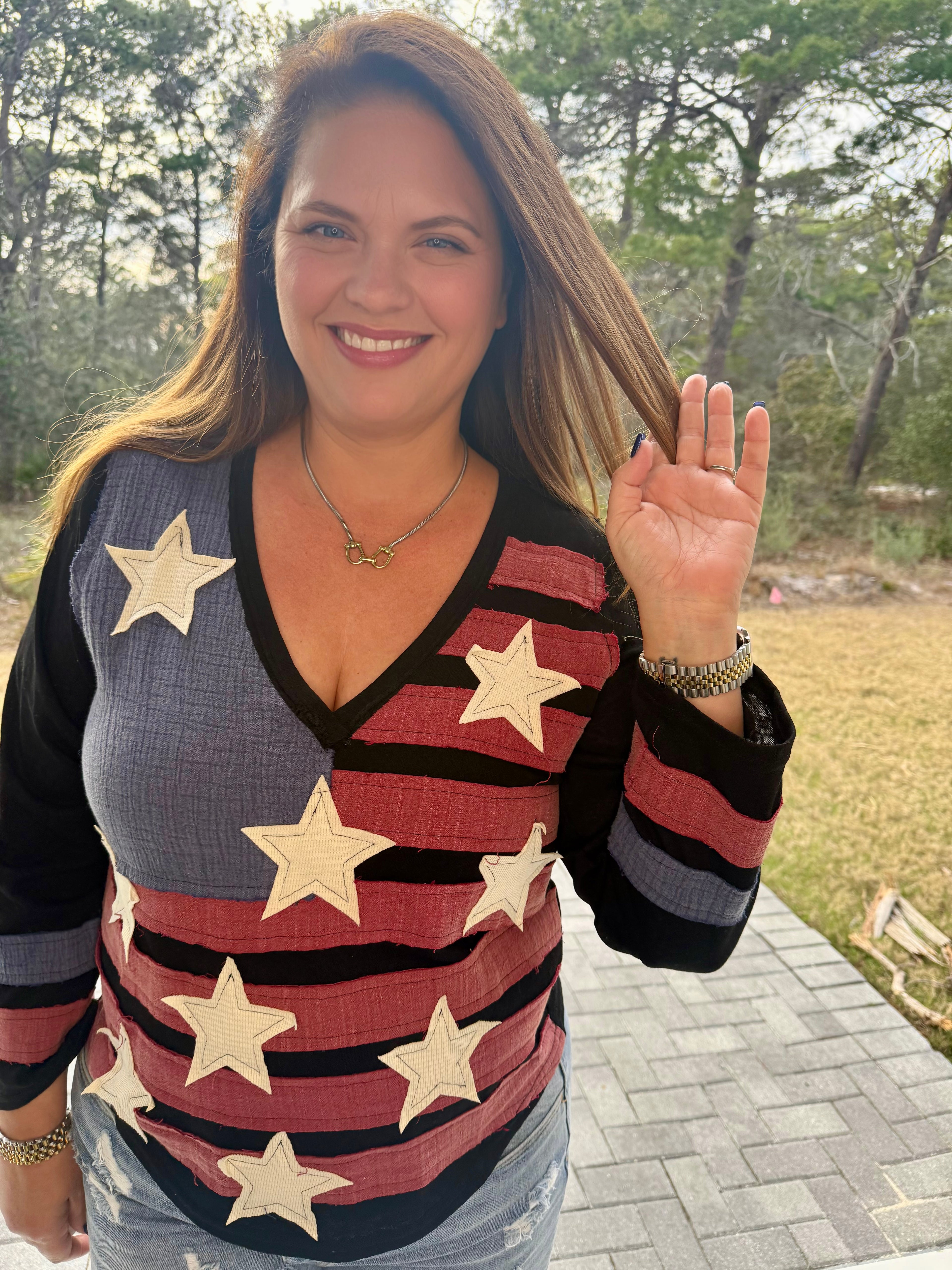 Vintage Washing V-Neck American Flag Patch Long Sleeve Top by POL (Ship time varies) - BFF Here