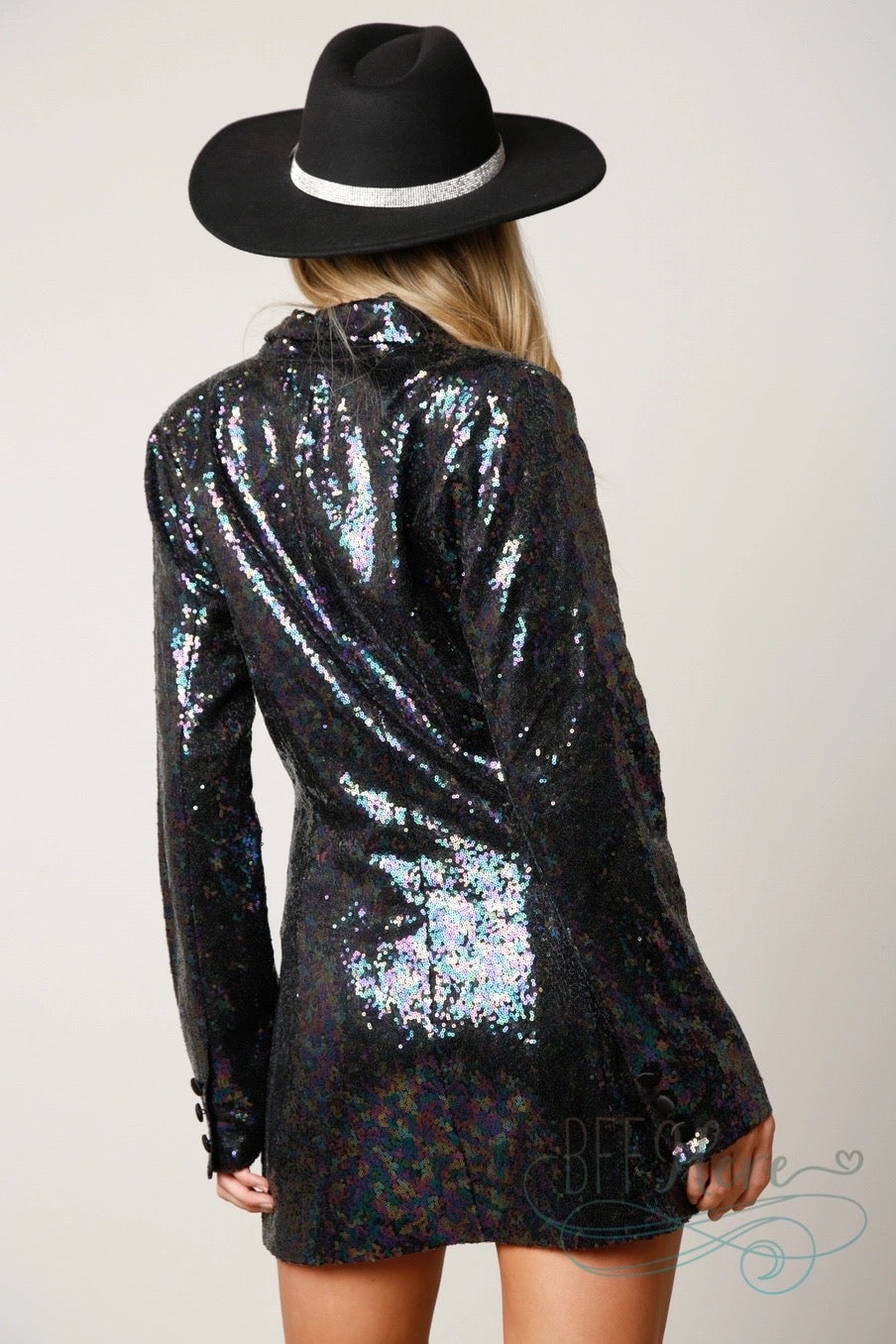 Dazzling Elegance: Sequin-Encrusted Double-Breasted Blazer Dress / Cho – BFF Here Dazzling Elegance: Sequin-Encrusted Double-Breasted Blazer Dress / Cho – BFF Here