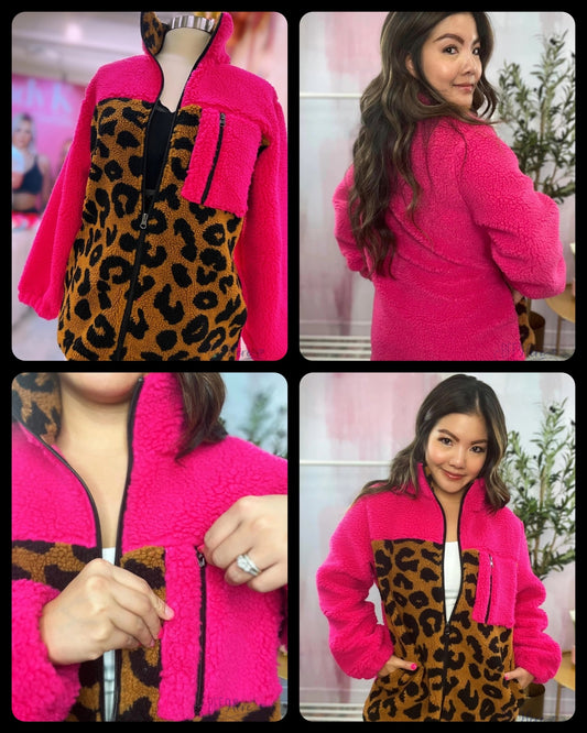 PREORDER: Bright Pink Leopard Print Sherpa Zip-Up: Cozy Meets Chic for Ultimate Comfort (Ships Middle of September ) - BFF Here