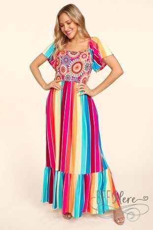 Mandala Sunrise: Cheerful Bohemian Striped Maxi Dress - BFF Here
