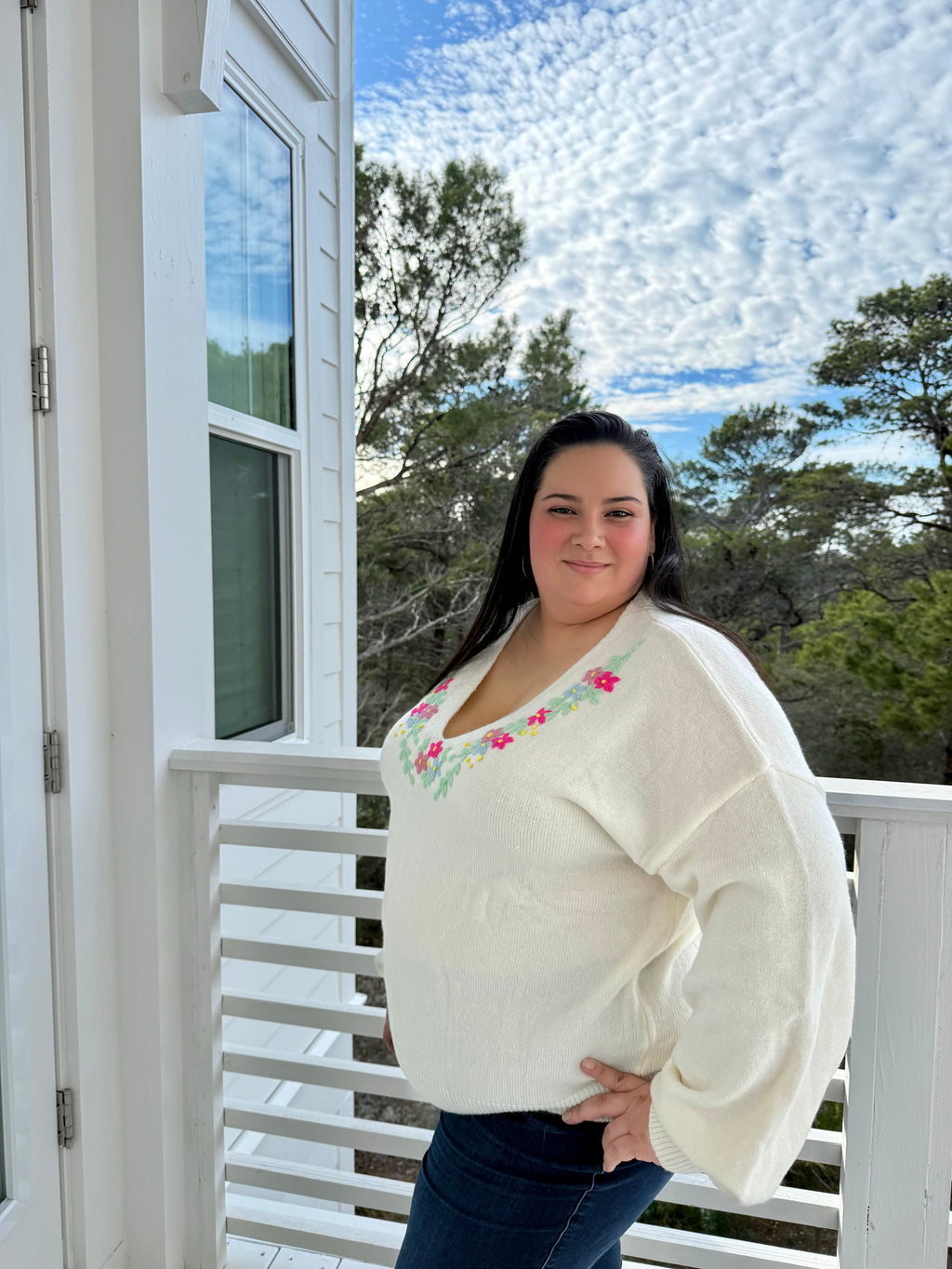 Relaxed Fit V Neck Sweater with Floral Embroidery by Sew In Love (Ships 2-3 weeks) - BFF Here