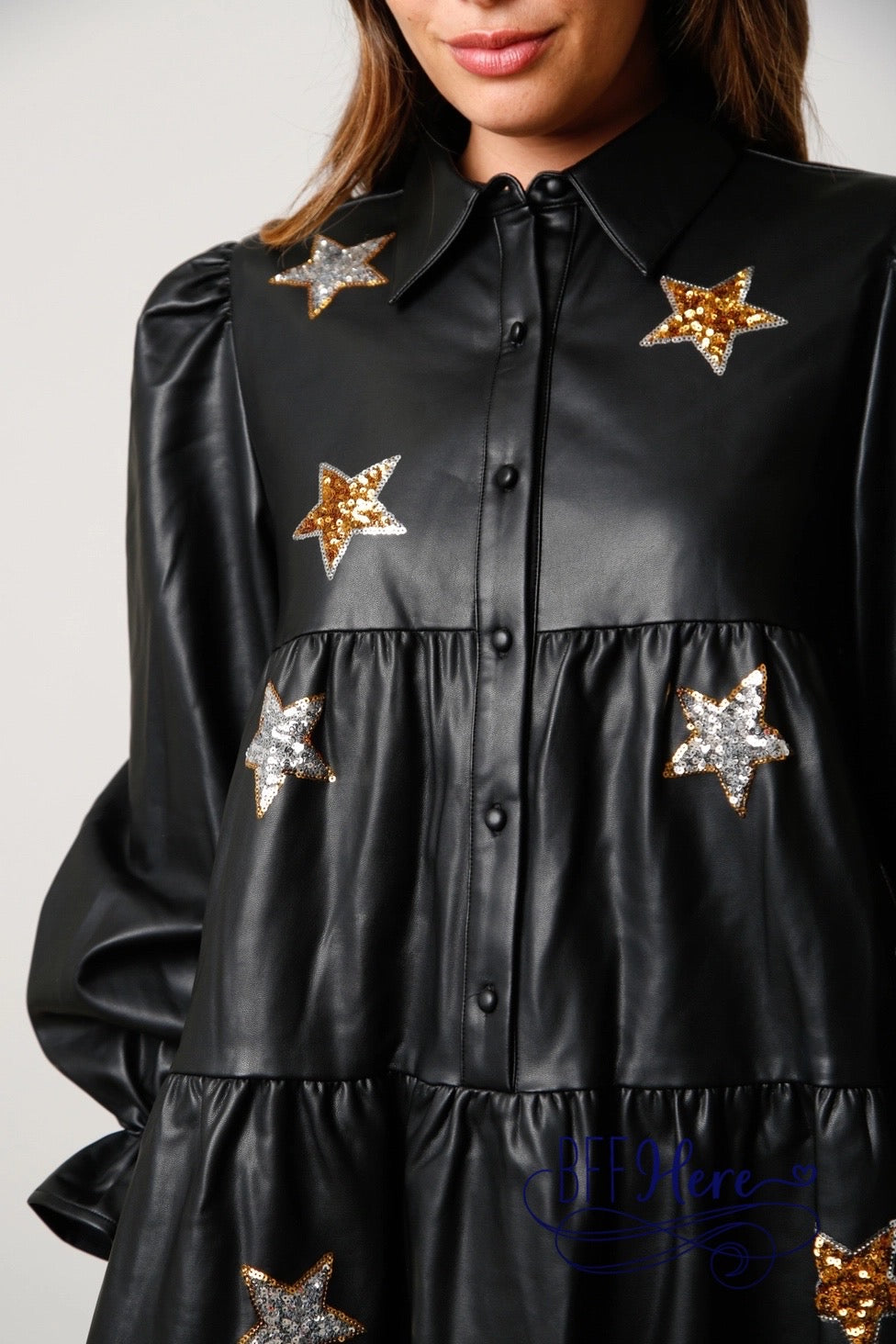Midnight Spark: Leather Shirt Dress with Sequin Stars / Choice of Color) - BFF Here