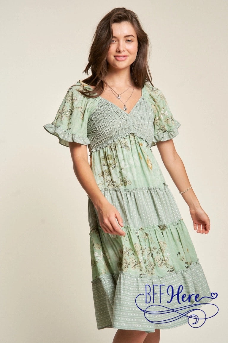 PREORDER: Botanical Bliss: Striped & Floral Smocked Ruffle-Tiered Dress (Ships Middle of February) - BFF Here