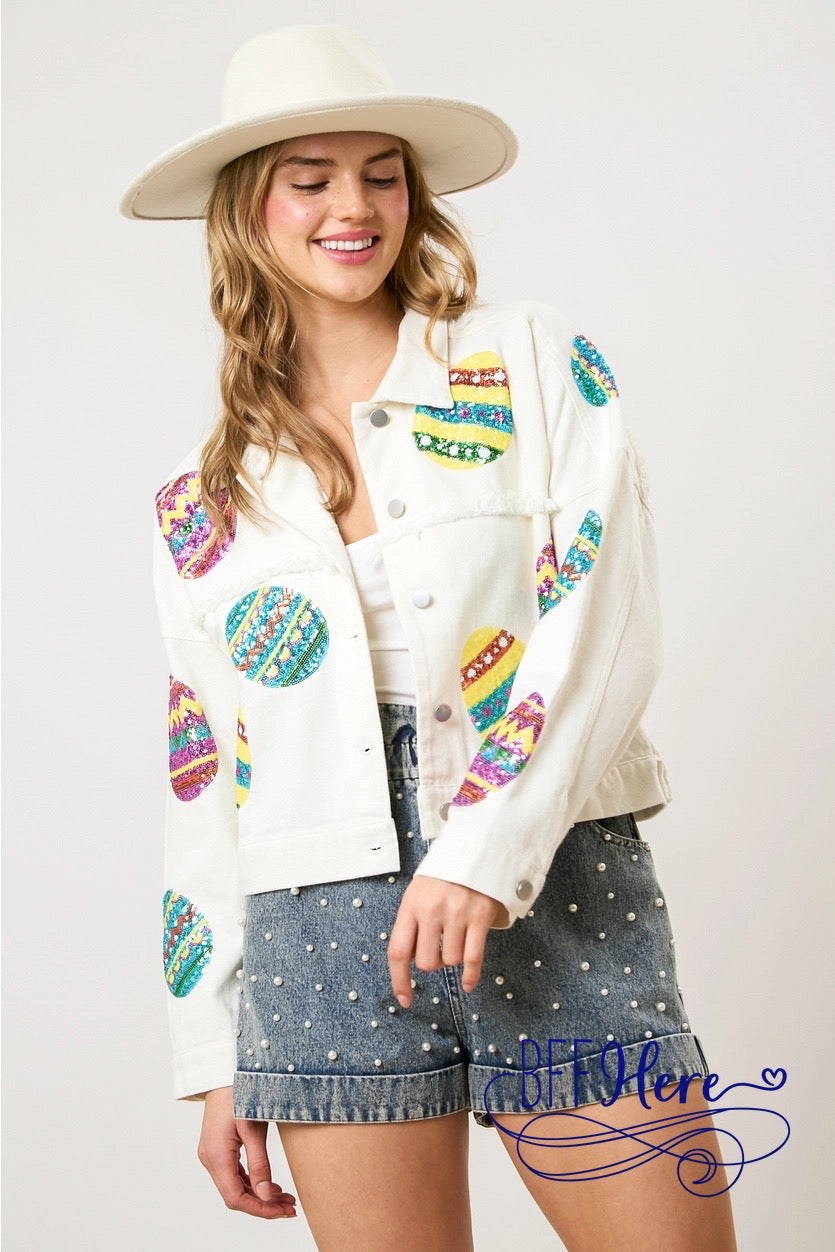 PREORDER: Egg-cellent Shine: Sequin Egg Twill Jacket (Ships End of February) - BFF Here