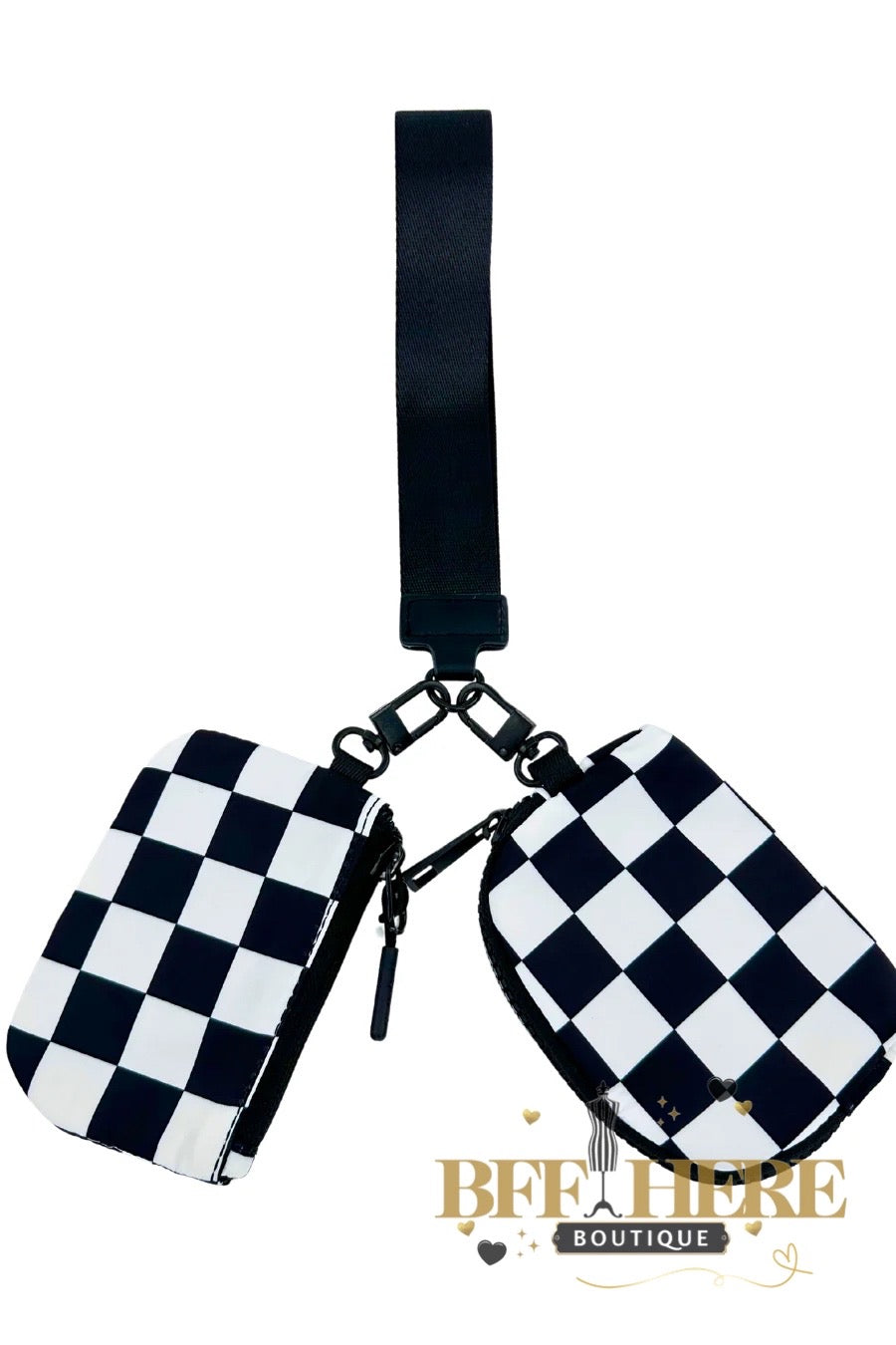 Double Pouch Wristlet, Black/White Checkered by Jess Lea