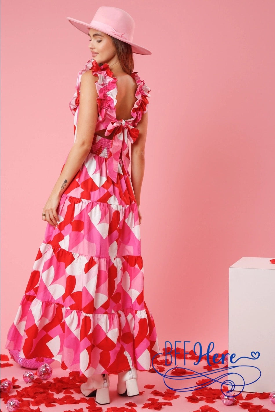 PREORDER: Geometric Grace: Ruffled Geo Print Maxi Dress (Ships End of January) - BFF Here