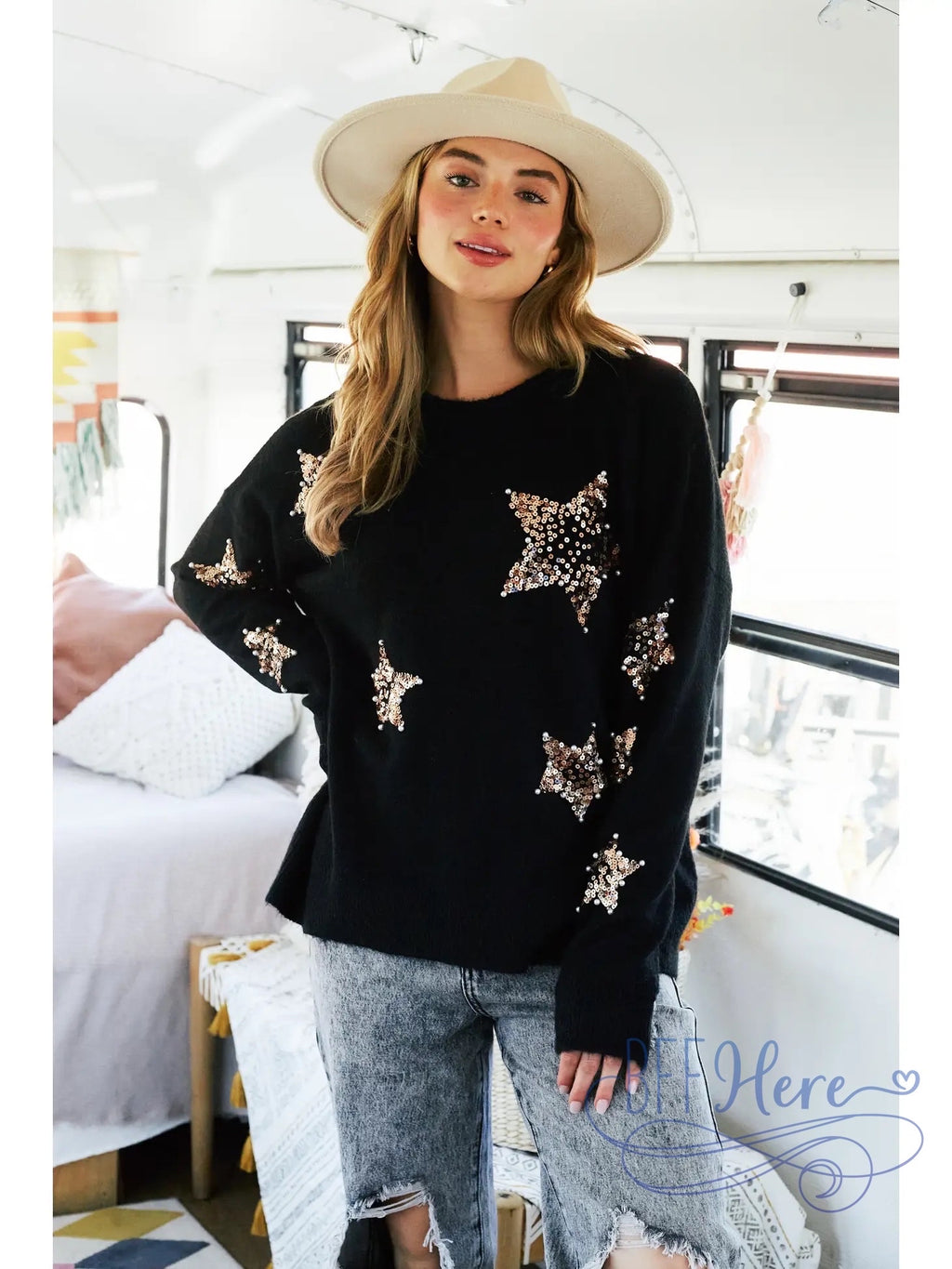 Cosmic Luxe: Sequin & Pearl Star Sweater / Choice of Color - BFF Here