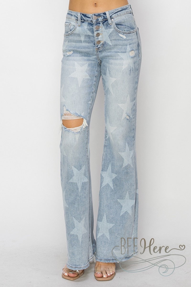 Starry Flare: Distressed Denim Jeans by Risen Jeans - BFF Here