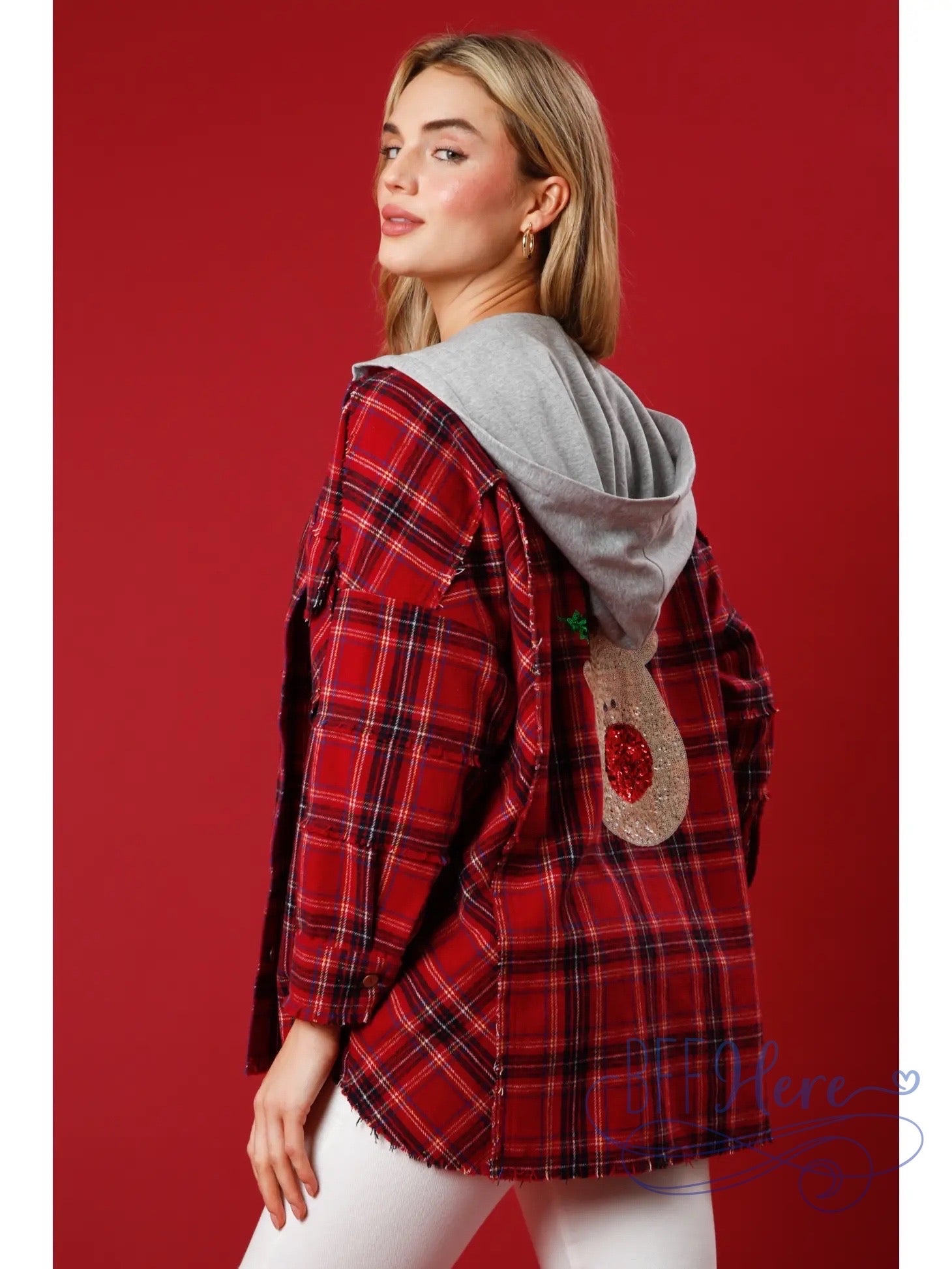 PREORDER: Rustic Glam Sequin Reindeer Plaid Flannel Shacket (Ships Beginning of November) - BFF Here