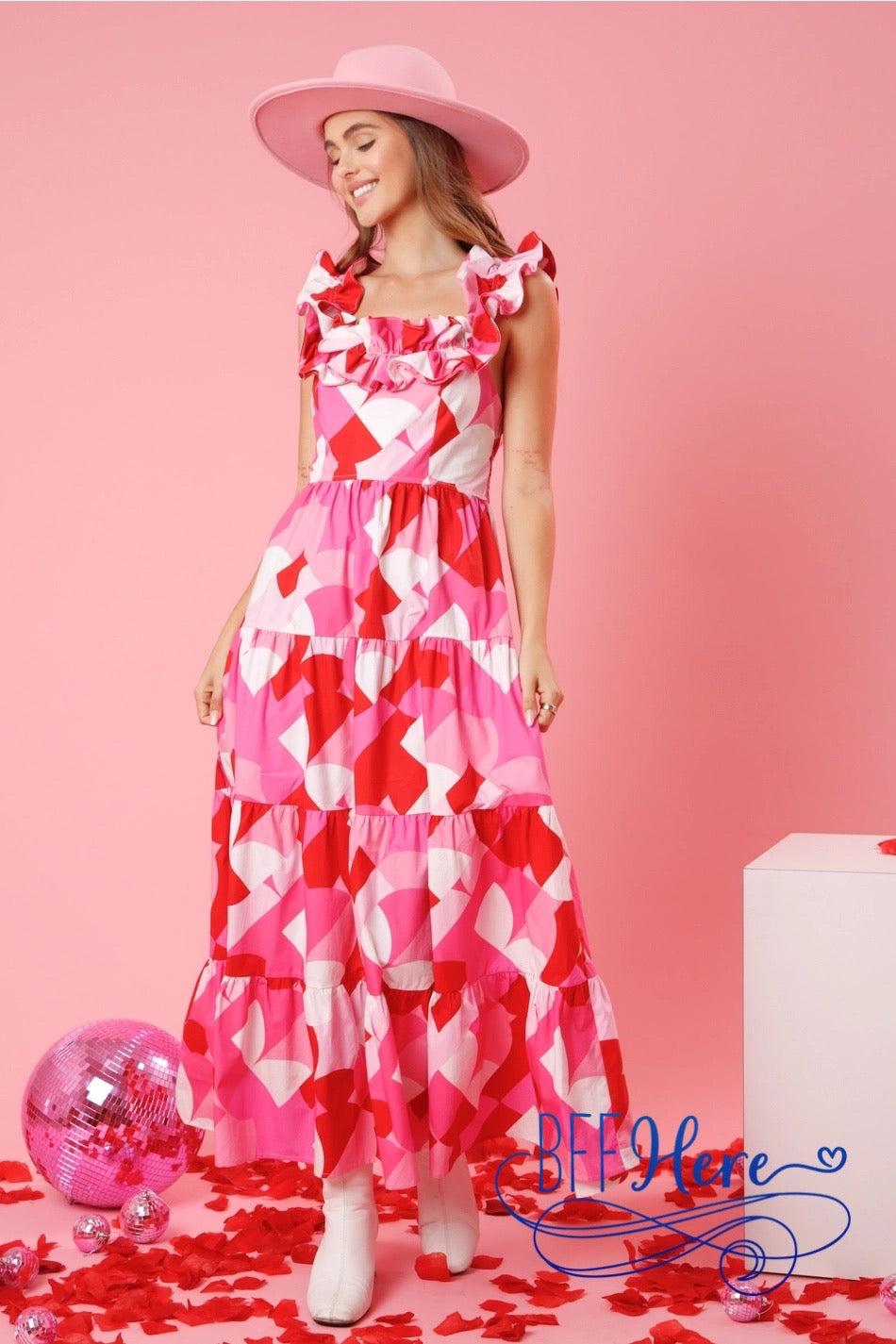 PREORDER: Geometric Grace: Ruffled Geo Print Maxi Dress (Ships End of January) - BFF Here