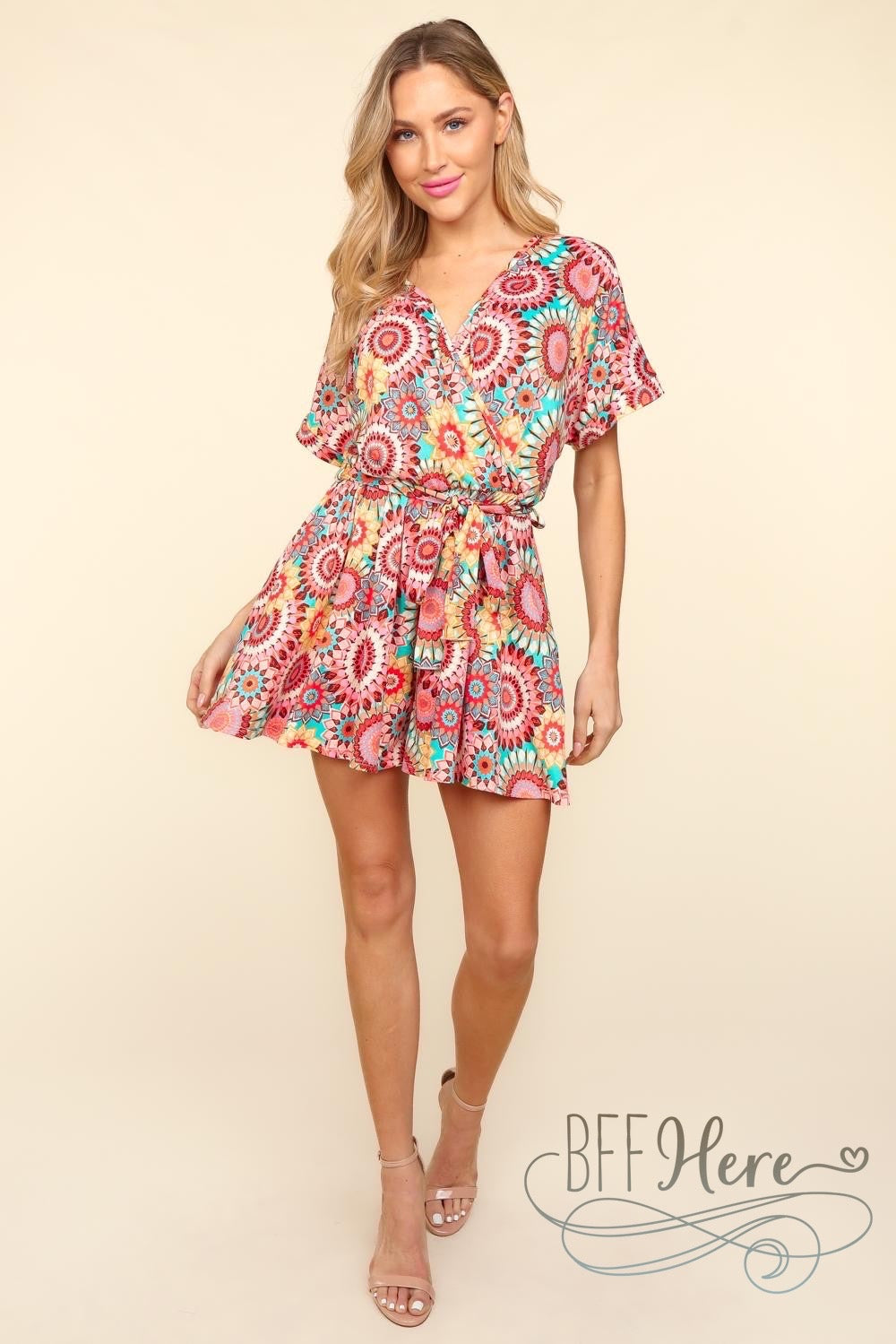 PREORDER: Sunset Mosaic: Vibrant Print Wrap Romper (Ships End of May) - BFF Here