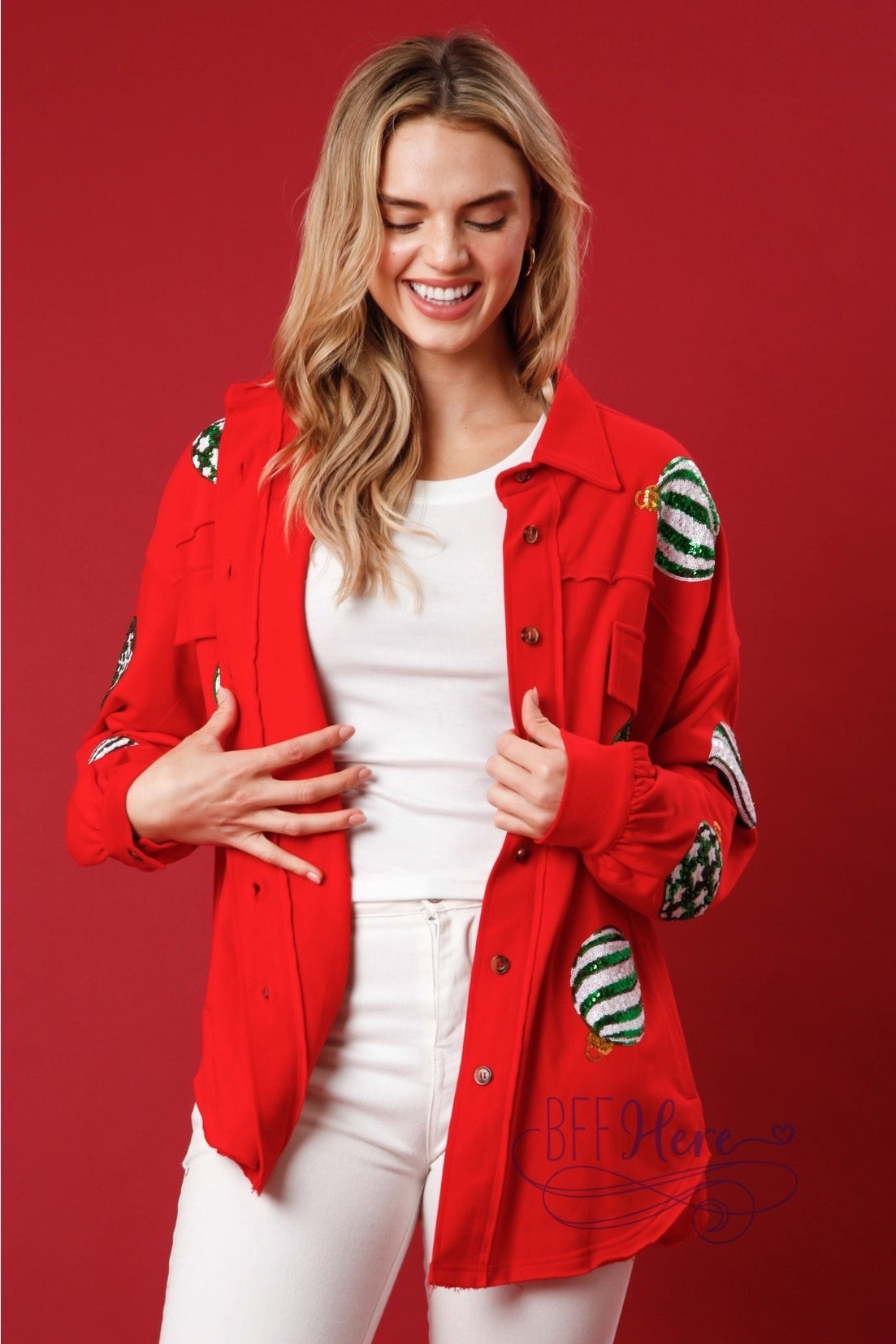 Sequins Christmas Ornaments French Terry Shacket: Holiday Glam Meets Cozy Comfort / Choice of Color - BFF Here