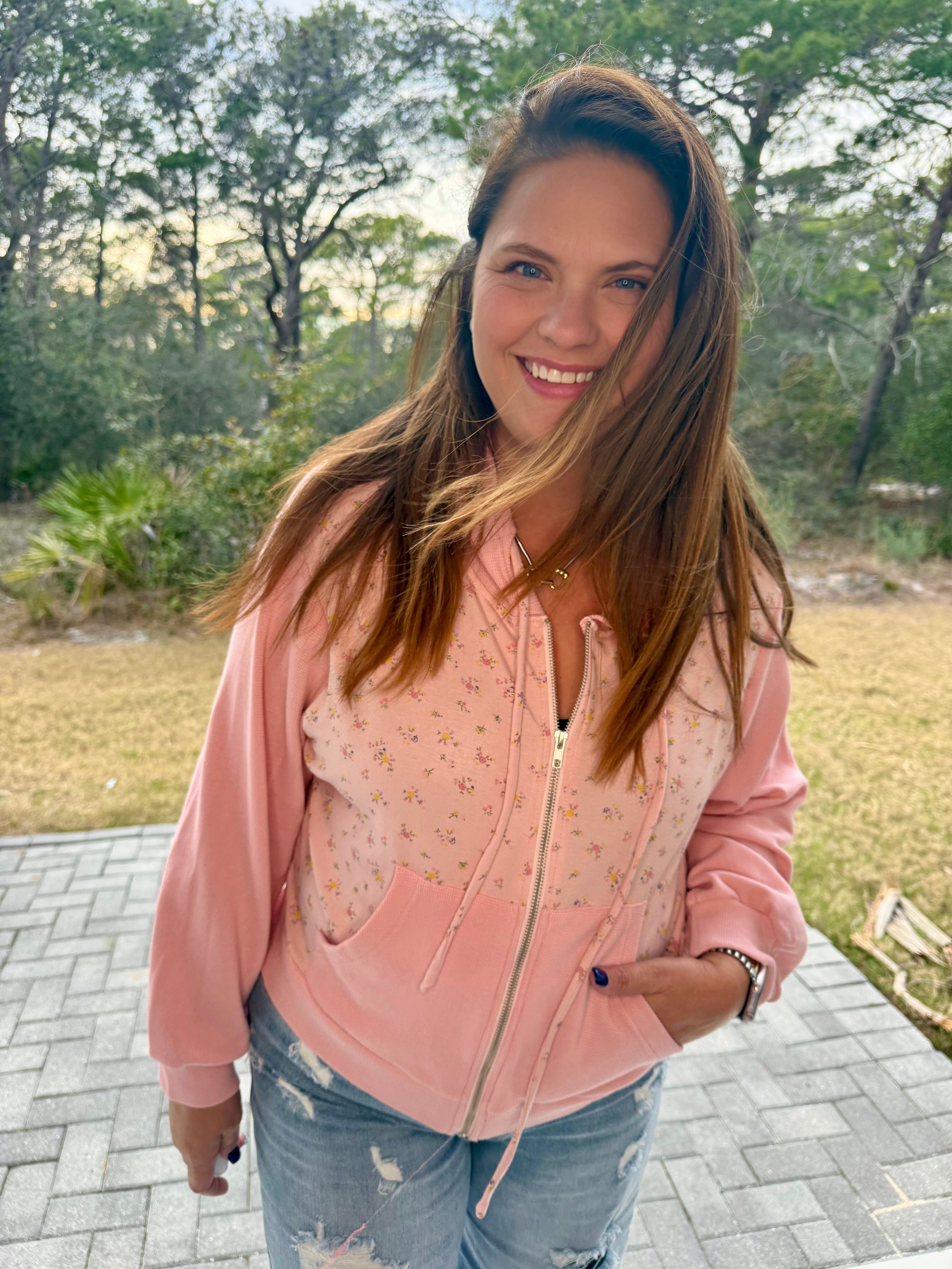 Thermal Contrast Cozy Texture Floral Print Knit Hoodie Top by POL (Ships 2-3 weeks) - BFF Here