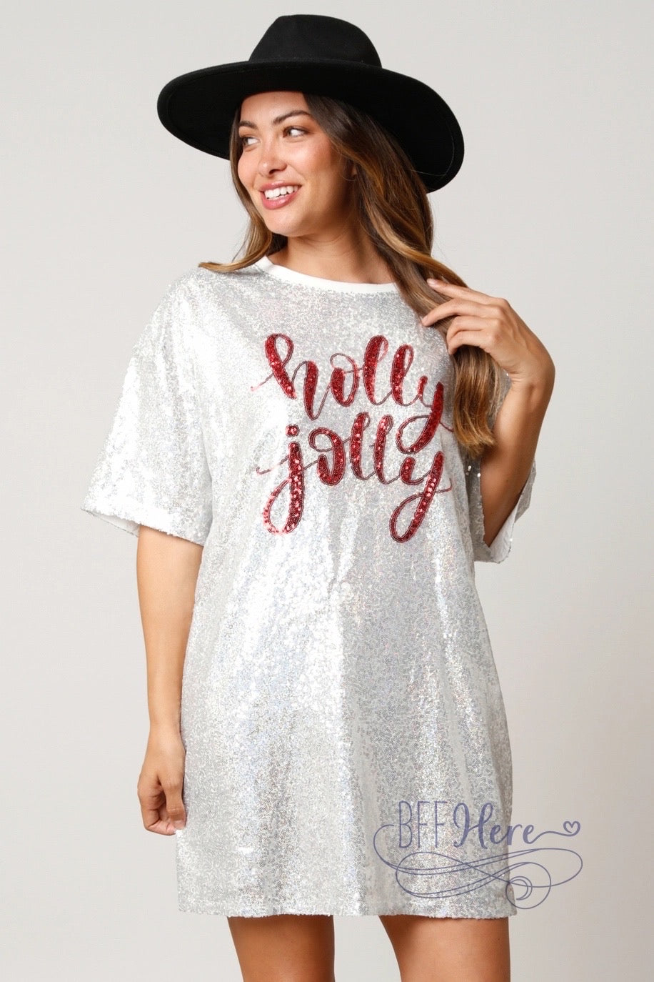 Holly Jolly Sequin T-Shirt Dress: Festive Chic / Choice of Color - Small / White Holly Jolly Sequin T-Shirt Dress: Festive Chic / Choice of Color - Small / White