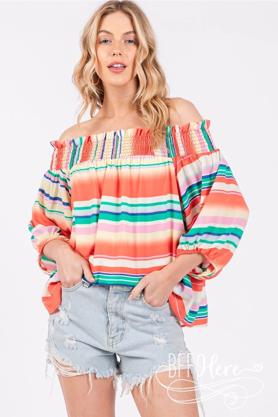 Sunset Stripes: Off-Shoulder Boho Blouse / Choice of Color - BFF Here
