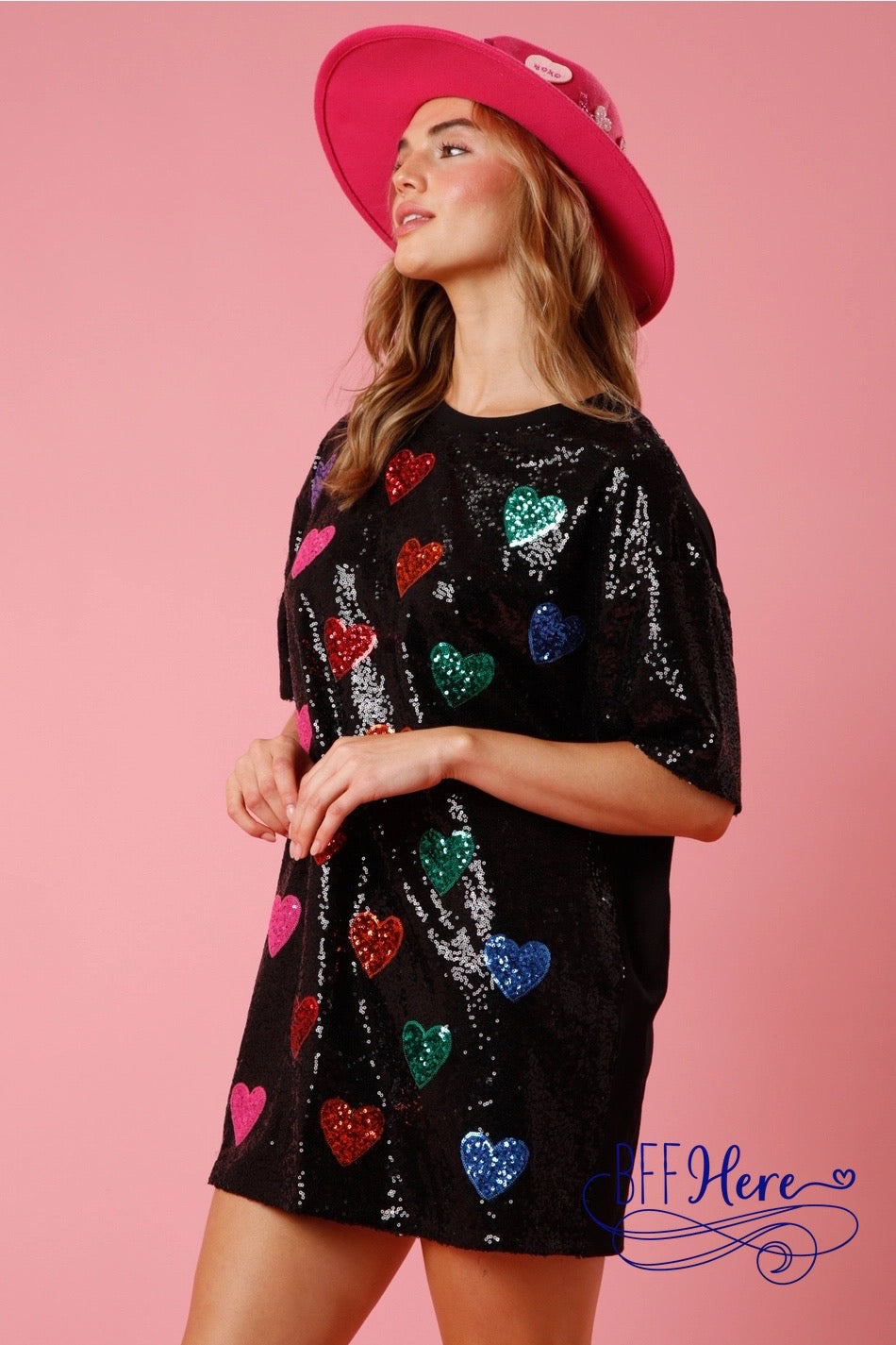 Color Burst: Rainbow Hearts Sequin T-Shirt Dress - BFF Here