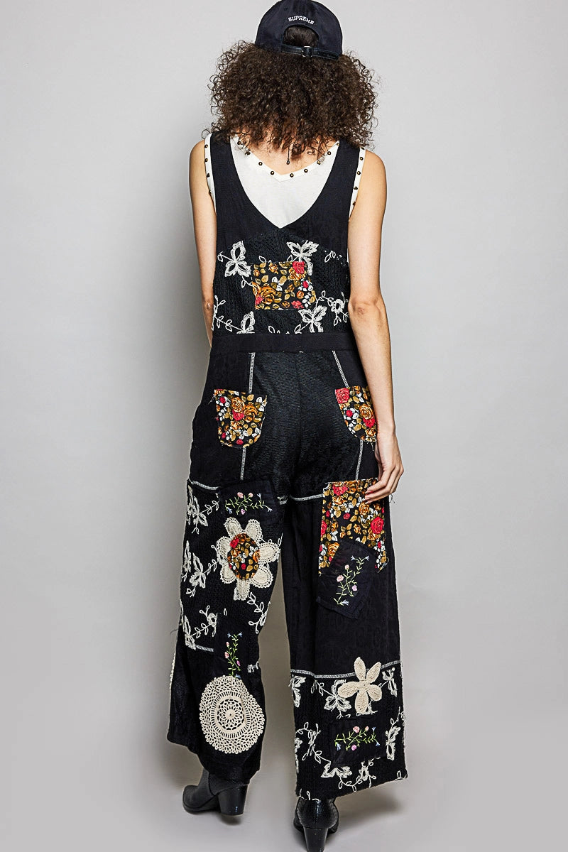 Floral Patch Stitch Detail Wide Leg Woven Overalls by POL (Ships 2-3 weeks) - BFF Here