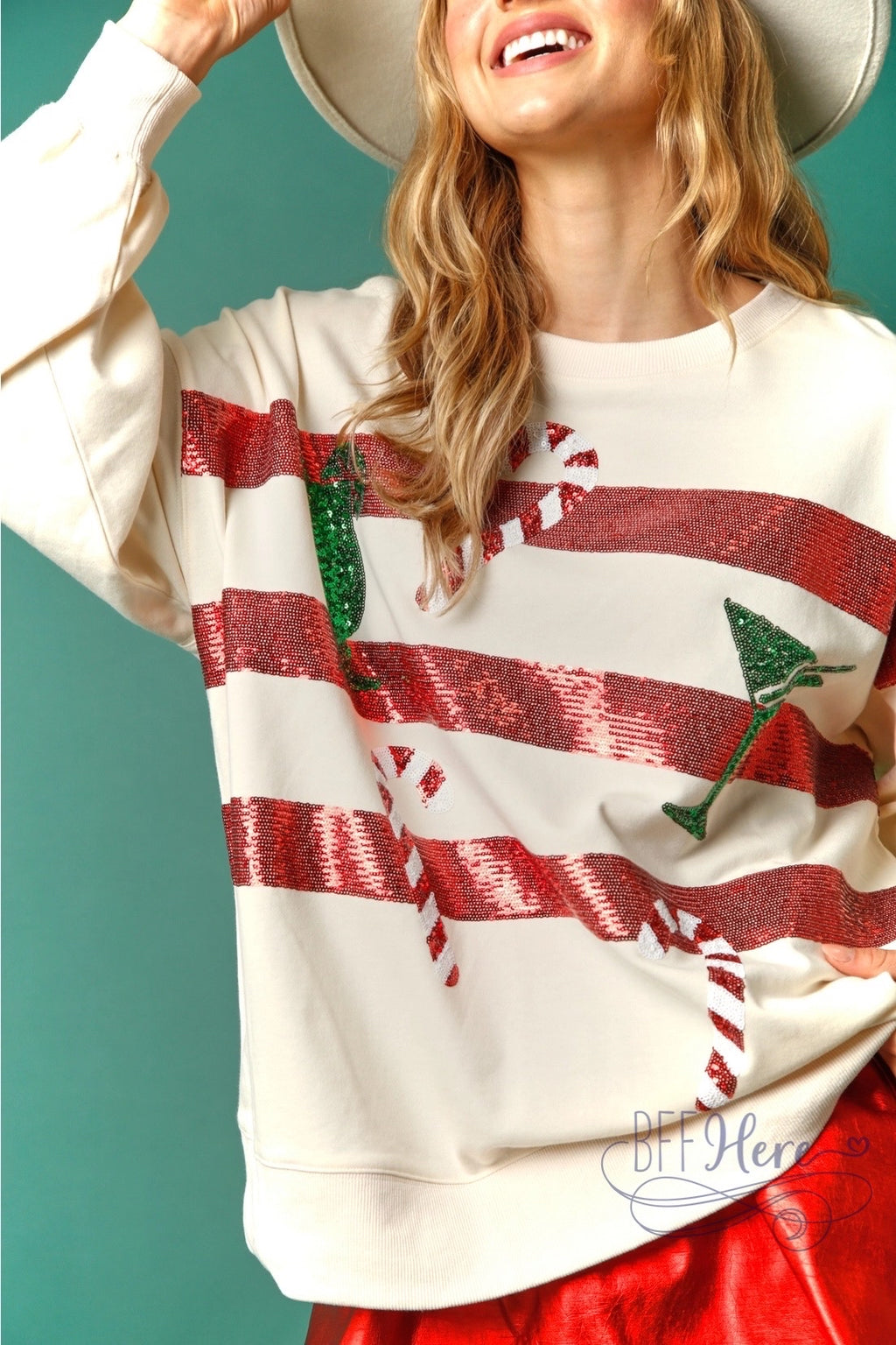 Sips & Stripes: Candy Cane and Holiday Drink Sequin Sweatshirt (Cream Ships Beginning Of November) - BFF Here