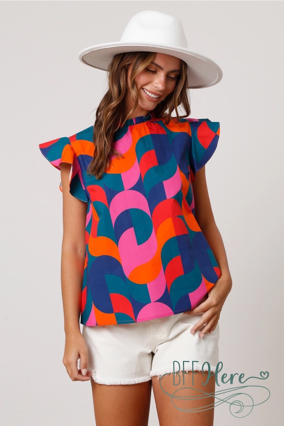 Geometric Grace: Chic Ruffle Neck Top - BFF Here