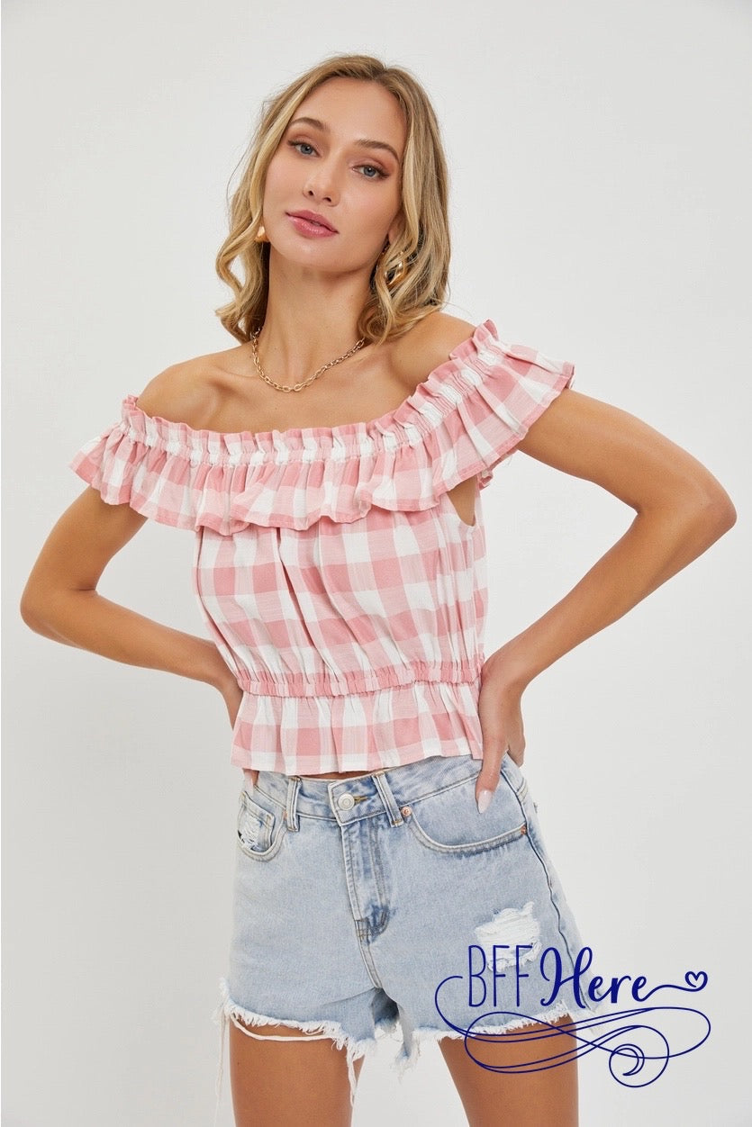 Pretty in Pink Gingham Off-Shoulder - BFF Here