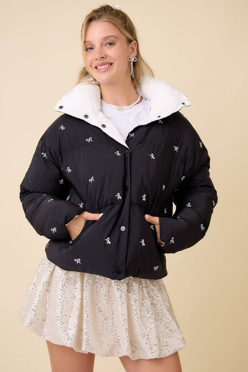Ribbon Bow Embroidered Puffer Jacket - BFF Here