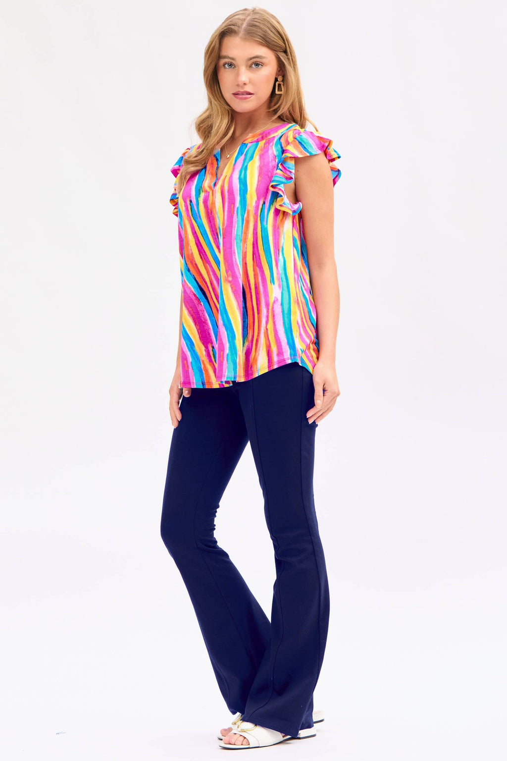 Lizzy Rainbow Striped Flutter Sleeve Top by Dear Scarlett - BFF Here