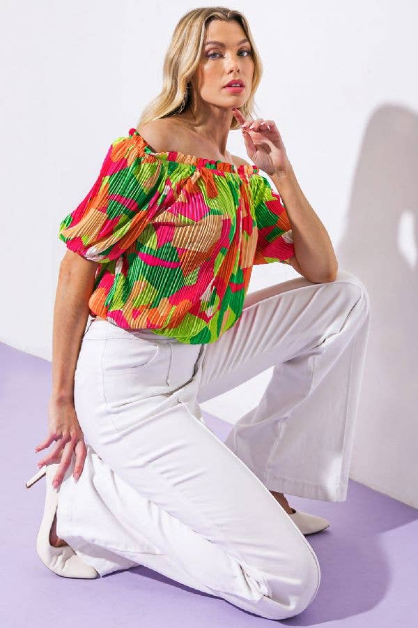 Tropical Burst Off-Shoulder Pleated Top - BFF Here