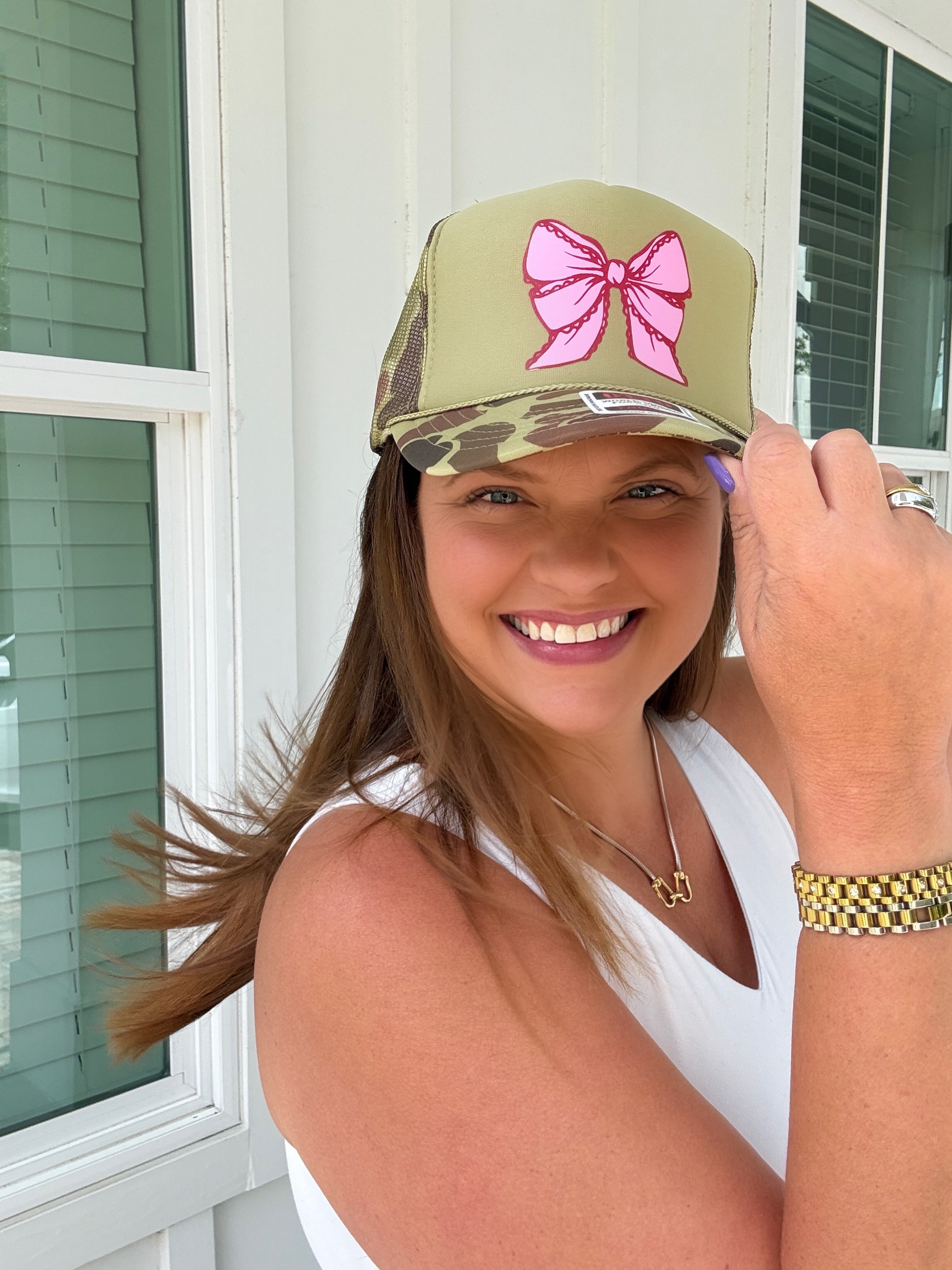 Pink Lace Bow Two Toned Camo Trucker by Southern Bliss (ARRAY) — Ships 2-3 weeks - BFF Here