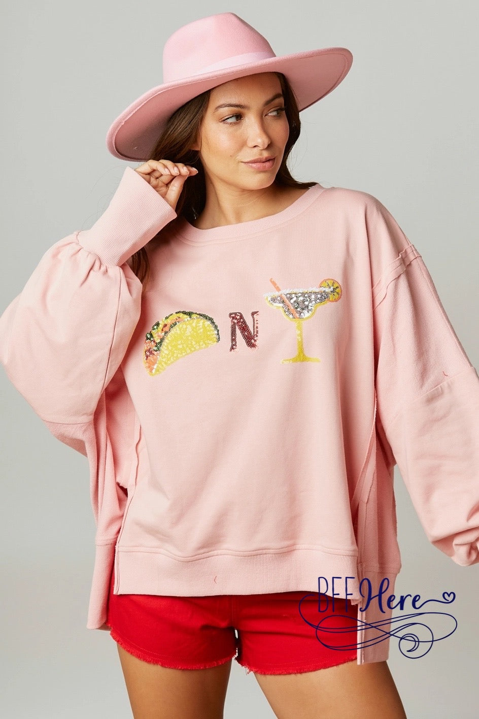 Fiesta Sparkle: Tacos & Margaritas Sequin Patch Sweatshirt - BFF Here