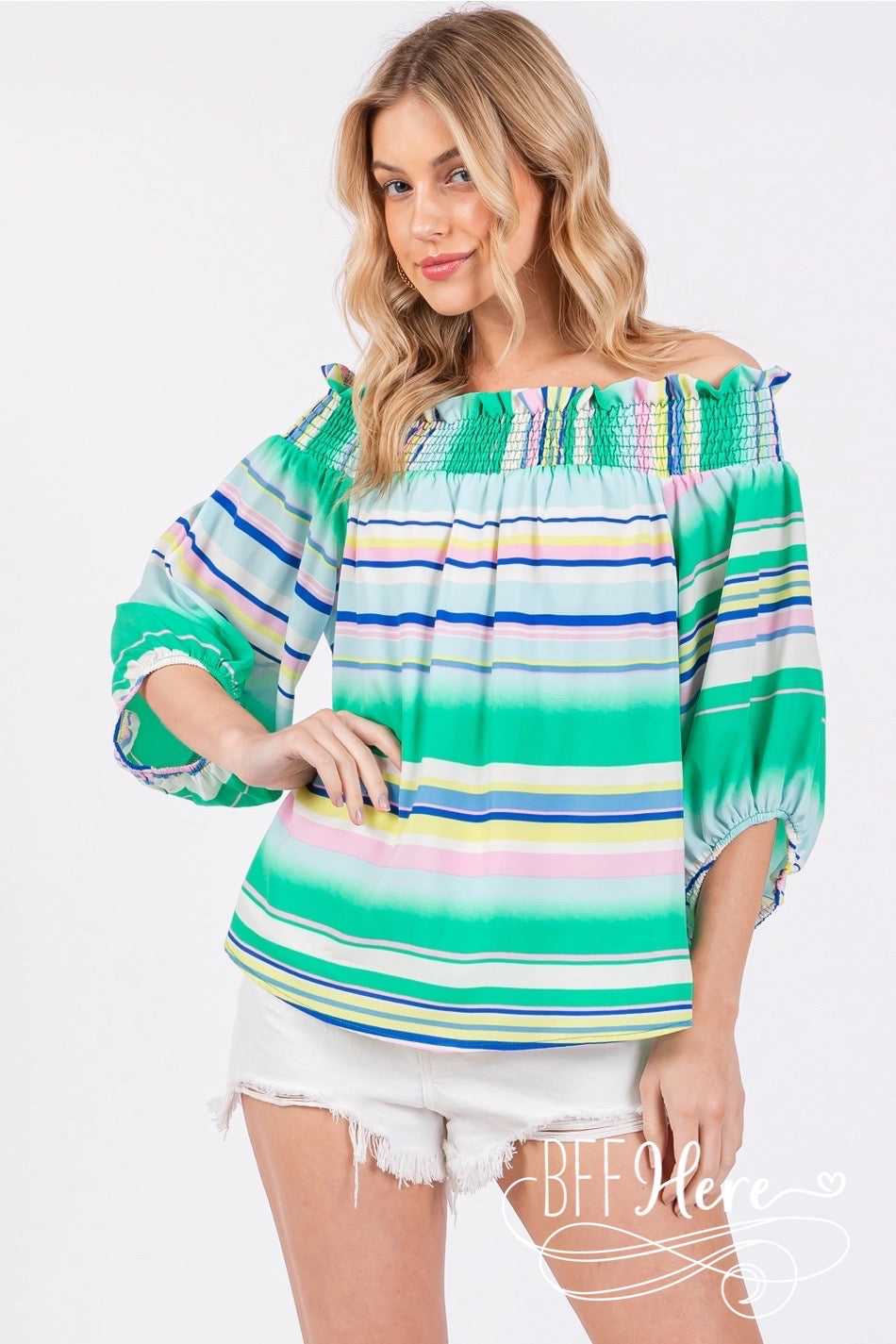 Sunset Stripes: Off-Shoulder Boho Blouse / Choice of Color - BFF Here