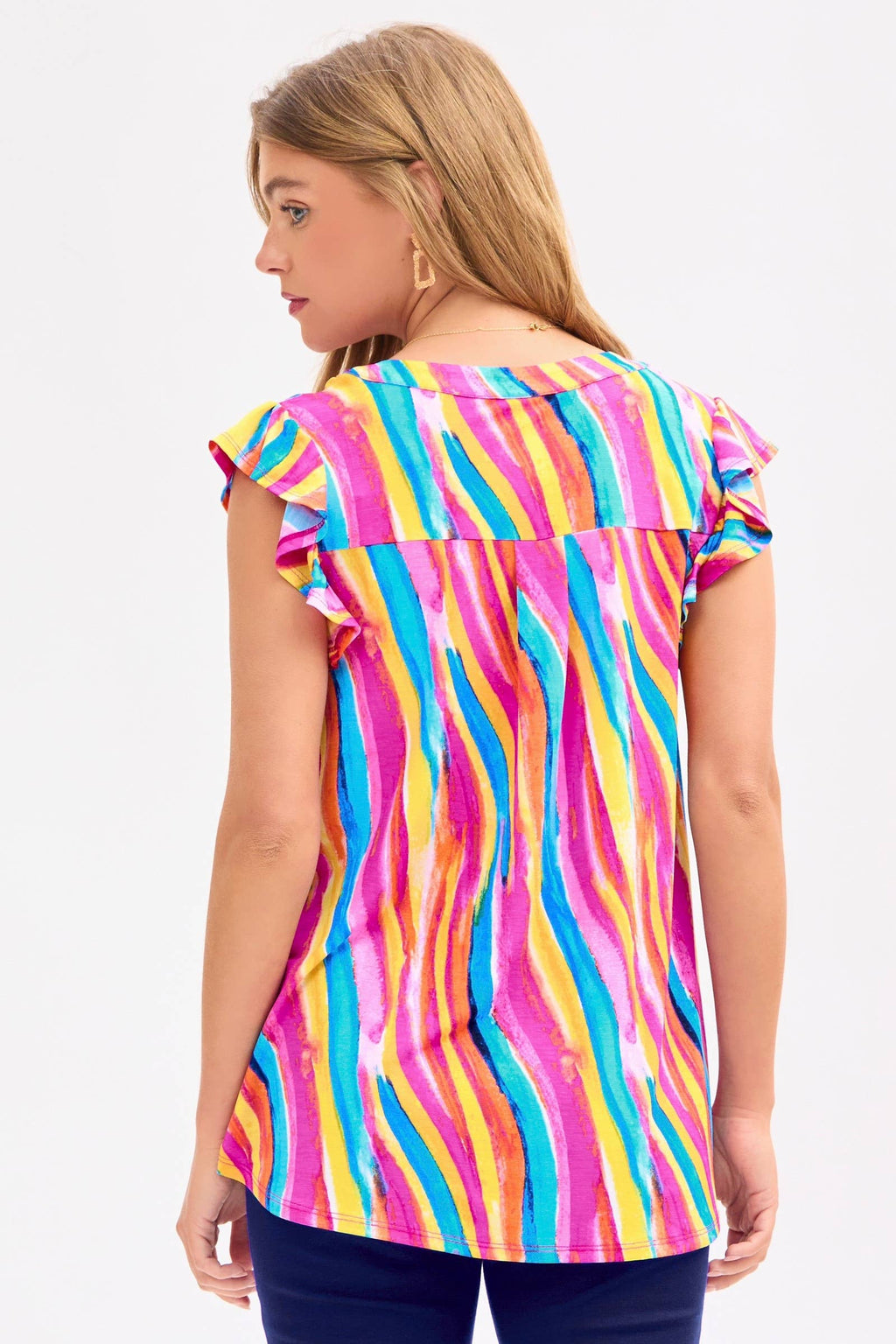 Lizzy Rainbow Striped Flutter Sleeve Top by Dear Scarlett - BFF Here