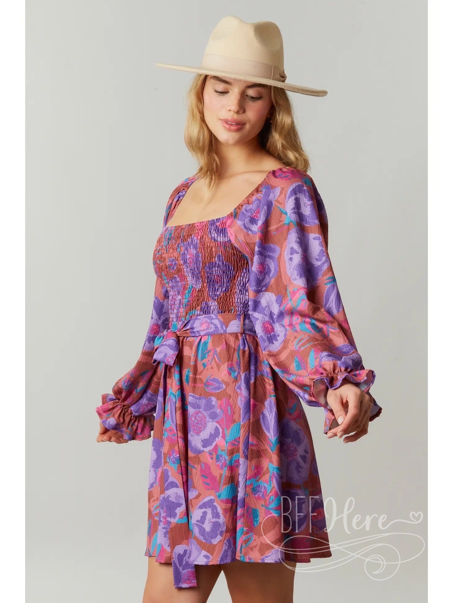 Romantic Garden: Whimsical Floral Smocked Dress with Chic Puff Sleeves - BFF Here
