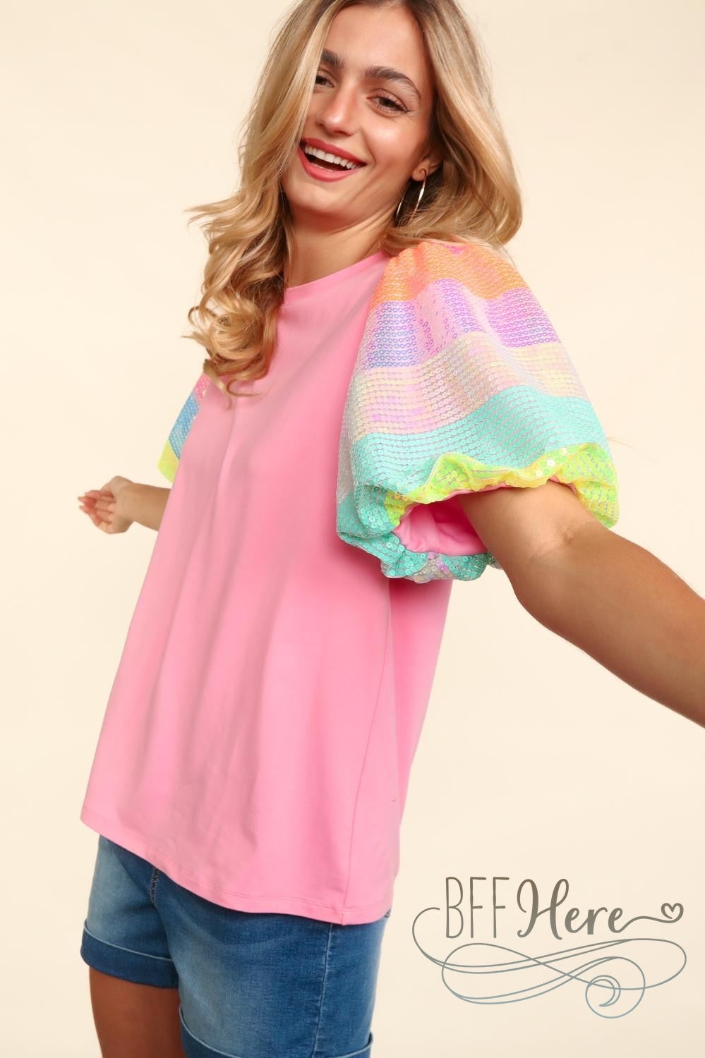 PREORDER: Sparkle Splash: Bubblegum Pink Tee with Sequin Sleeves (Ships Middle of May) - BFF Here