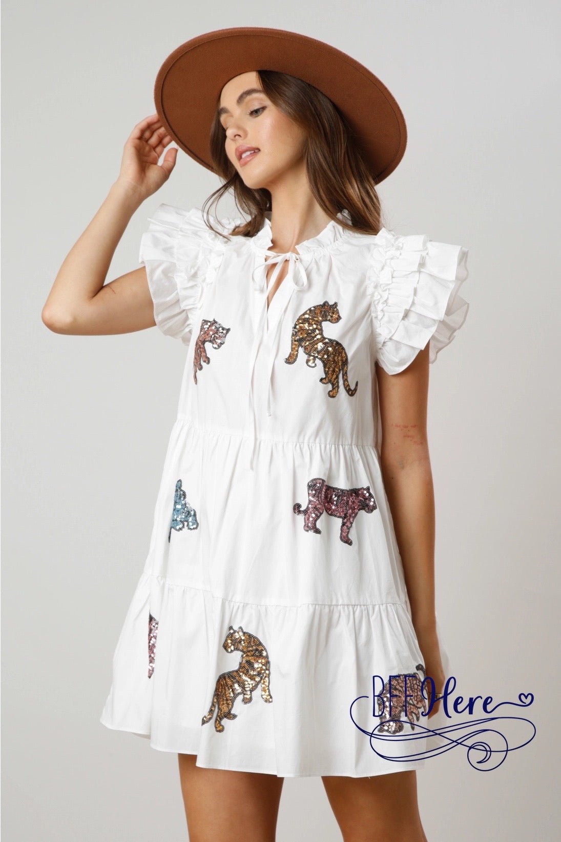 Glittering Jungle: Sequin Tiger Tiered Mini Dress / Choice of Color - BFF Here
